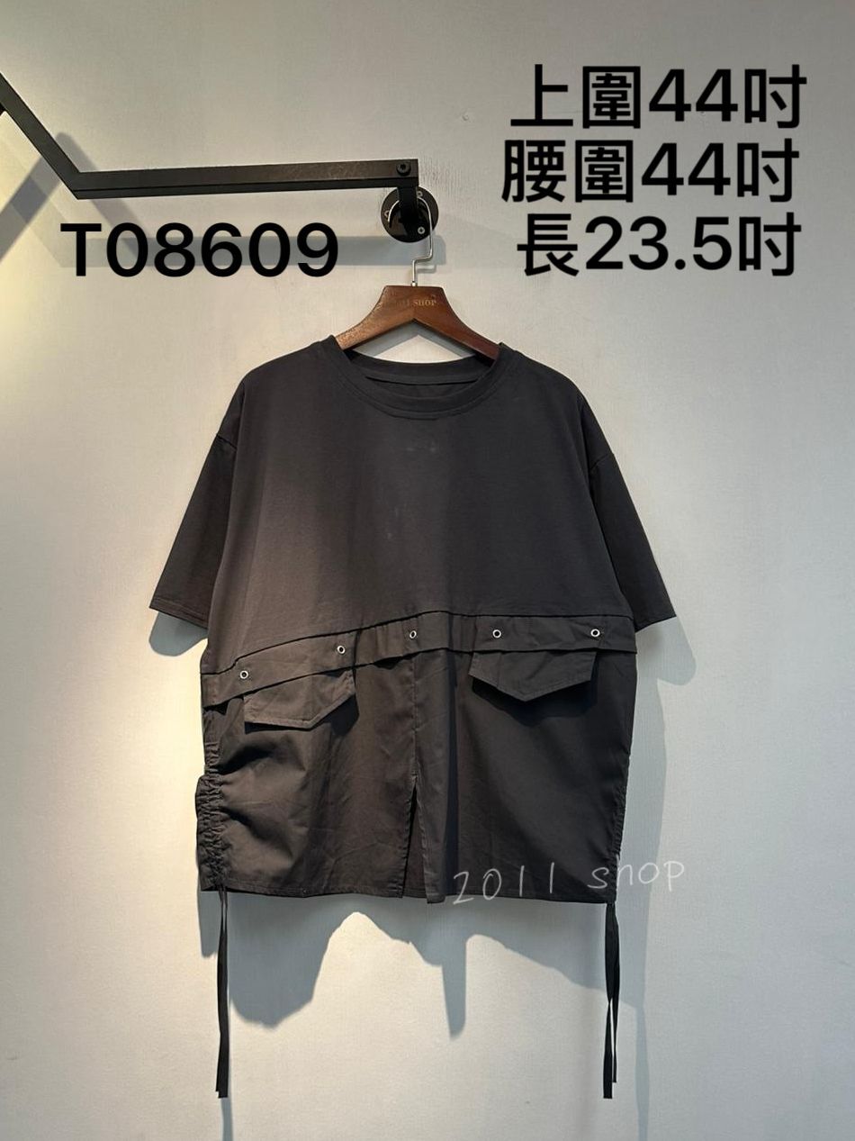 下擺側束繩假口袋拼布TOP  上圍44吋 腰圍44吋  長23.5吋  T08609