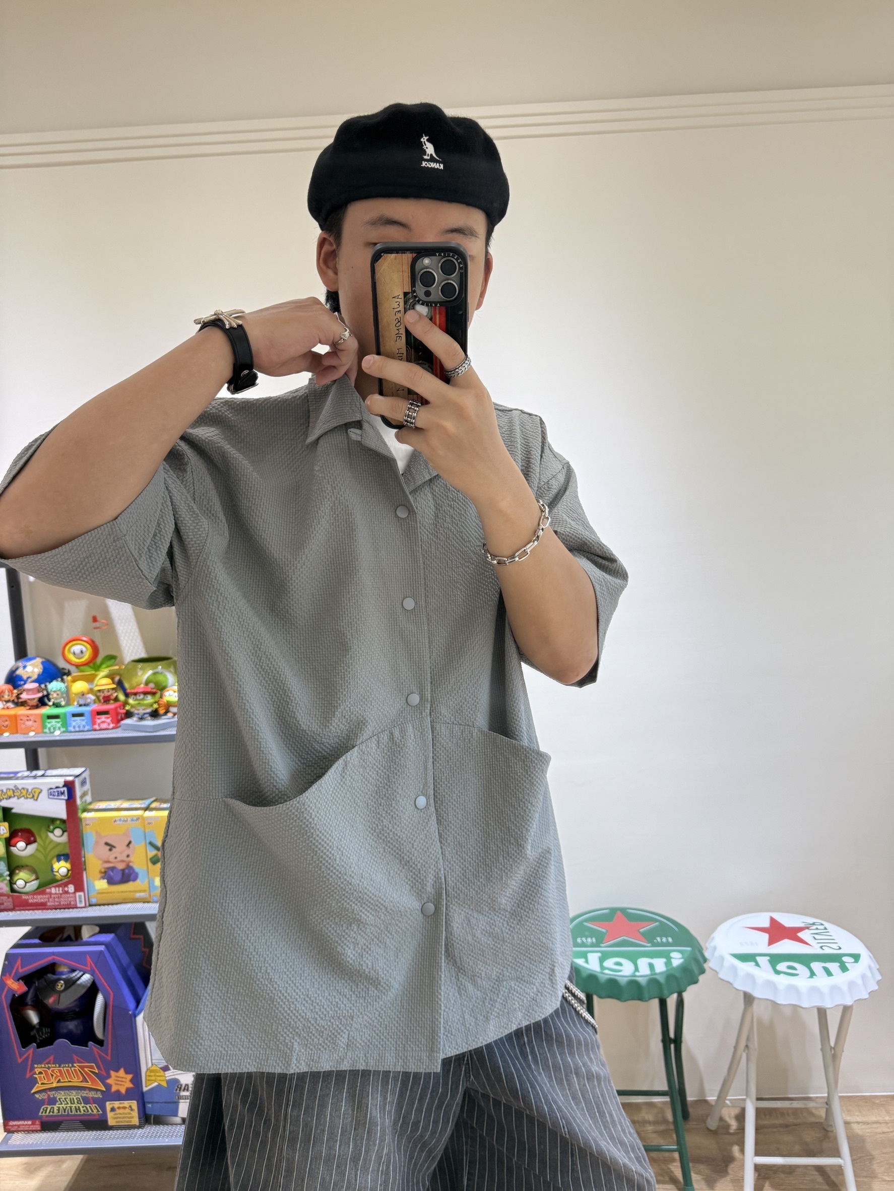 古巴領泡泡棉工作襯衫(灰)(現貨)