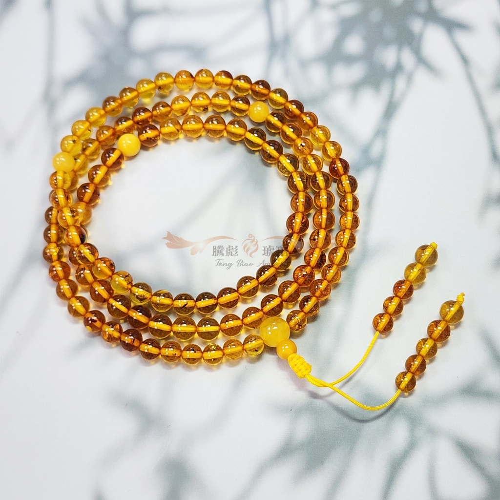 【騰彪琥珀】 6+mm 蟲珀 108 顆念珠 顆顆含蟲 天然意象琥珀 遠古昆蟲化石 具科研價值 附保卡/可代送鑑定 避邪