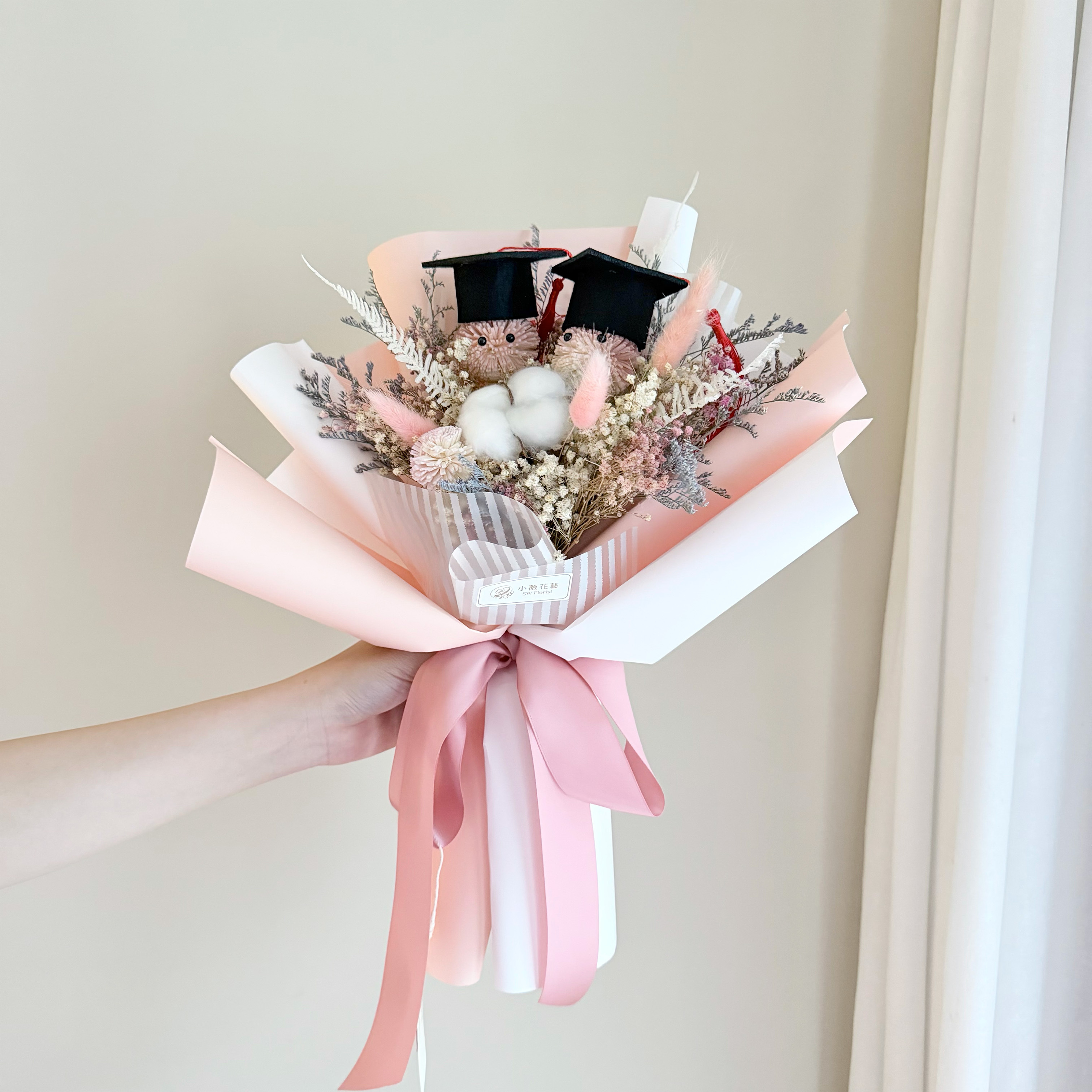 【雙色包裝&畢業小精靈&喜歡你】乾燥花束(粉色系/中型)｜畢業花束、索拉向日葵