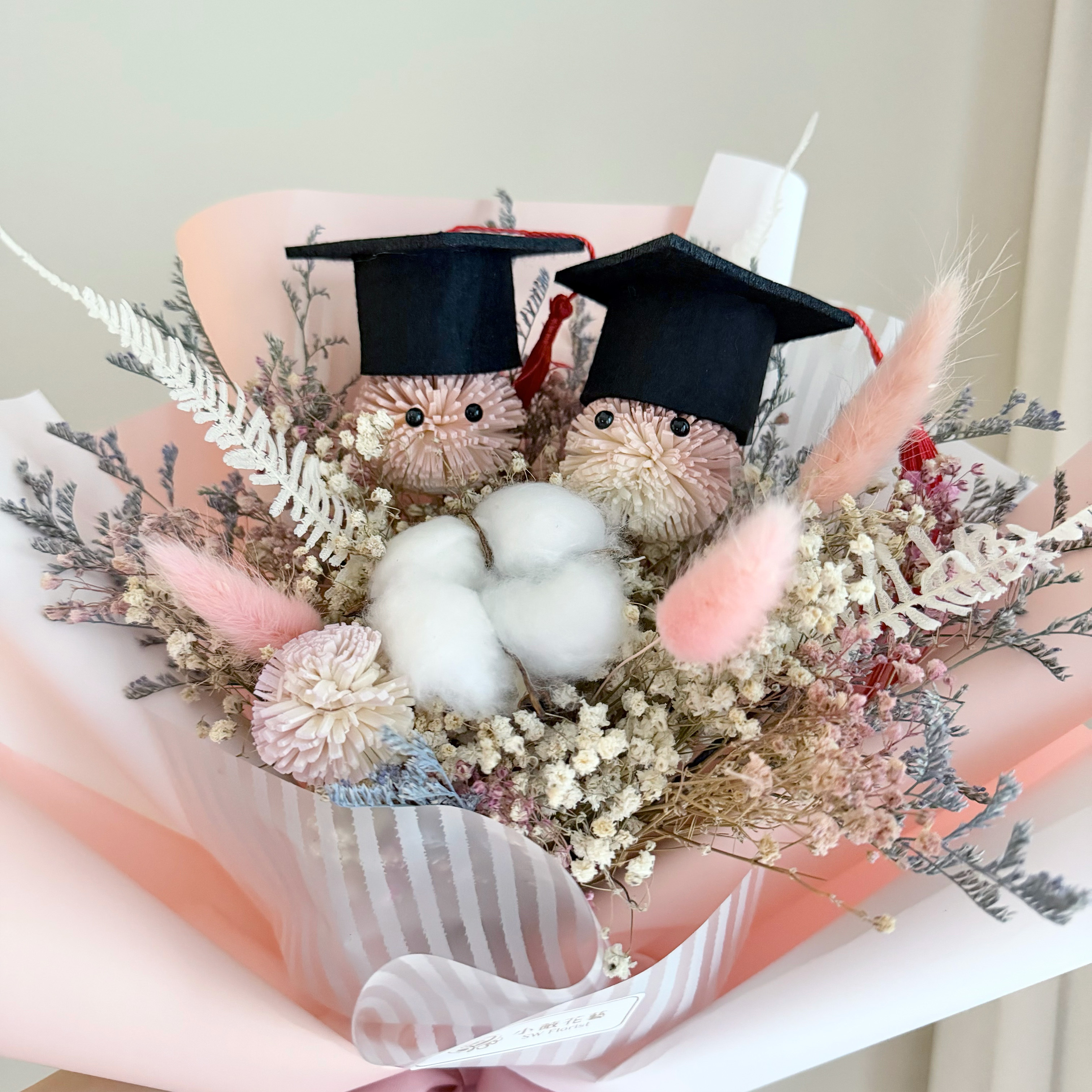 【雙色包裝&畢業小精靈&喜歡你】乾燥花束(粉色系/中型)｜畢業花束、索拉向日葵