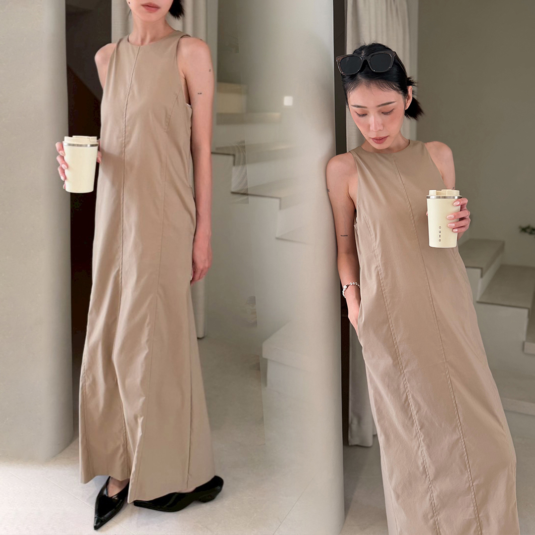 奶茶杏削肩後口袋造型背心裙長洋裝