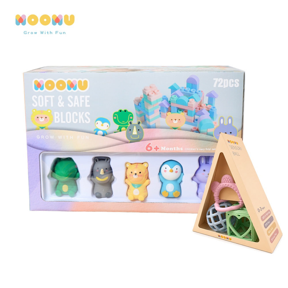 【 Moomu 】寶寶啟蒙遊戲組 | 感官球三件組 + 香草軟積木 72p + 5 公仔  (感統/無毒/彌月禮）