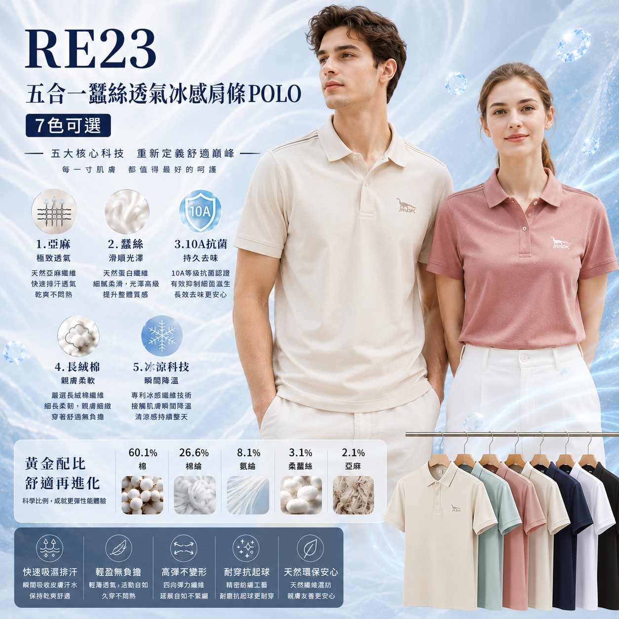MNDK莫納帝克｜客製化團體服｜專業運動服｜公司制服｜台中-POLO-RE23-五合一蠶絲透氣冰感肩條POLO-7色