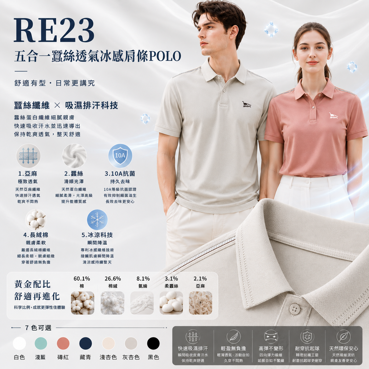 MNDK莫納帝克｜客製化團體服｜專業運動服｜公司制服｜台中-POLO-RE23-五合一蠶絲透氣冰感肩條POLO-7色