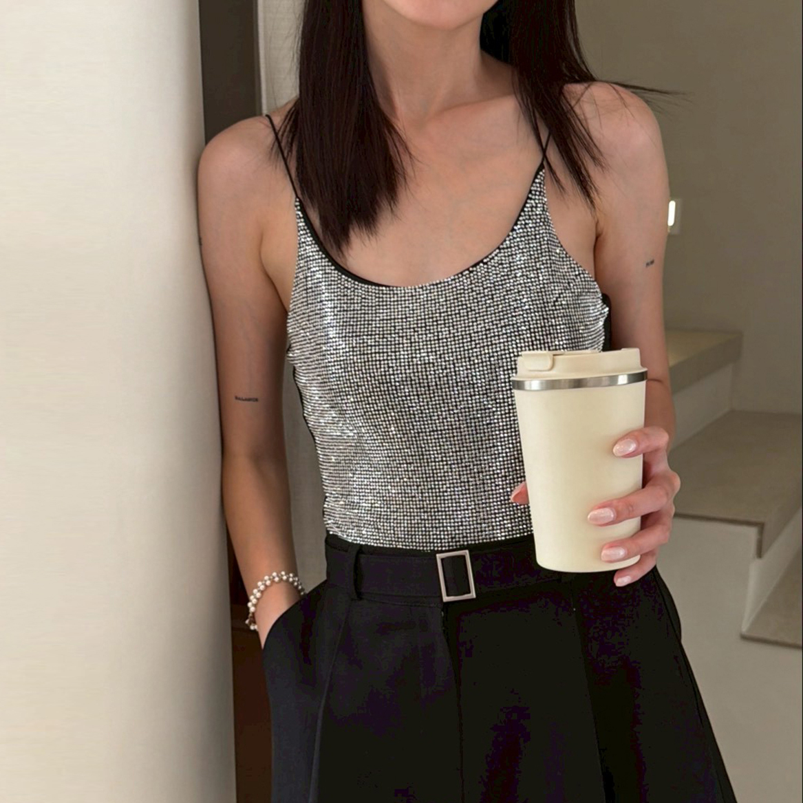 細肩帶閃閃亮片異材質感拼接Bodysuit