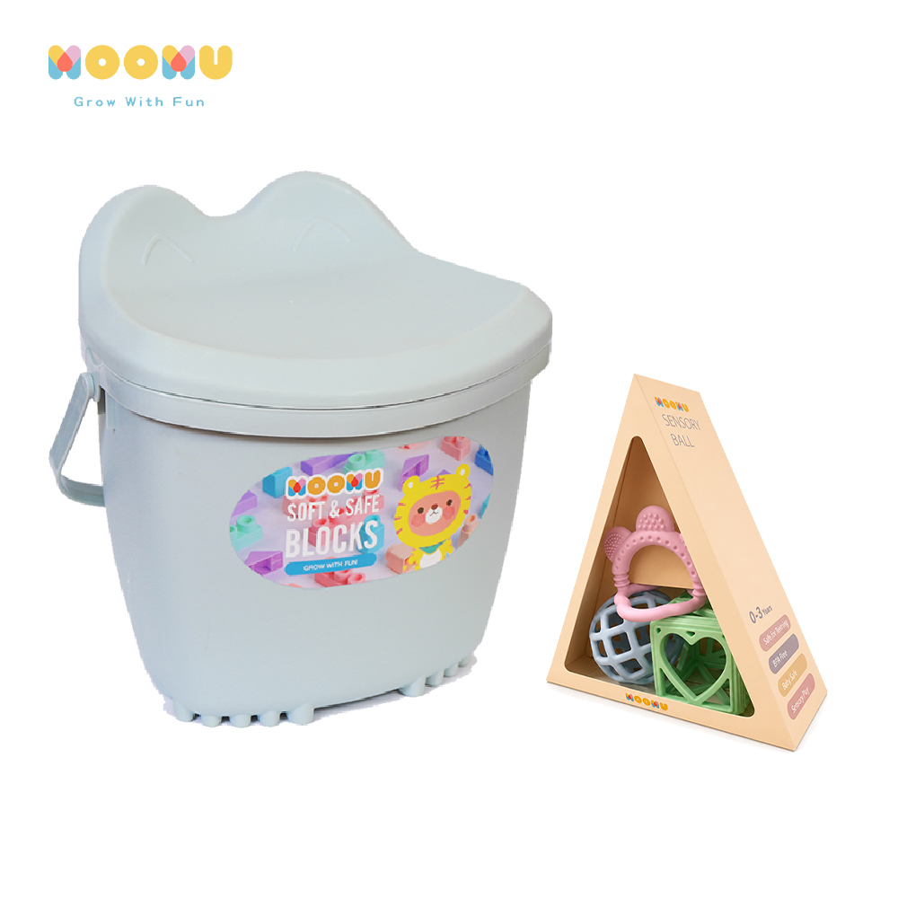 【 Moomu 】寶寶啟蒙遊戲組 | 感官球三件組 + 香草軟積木 120片收納組 - 藍色  (感統/無毒/彌月禮）