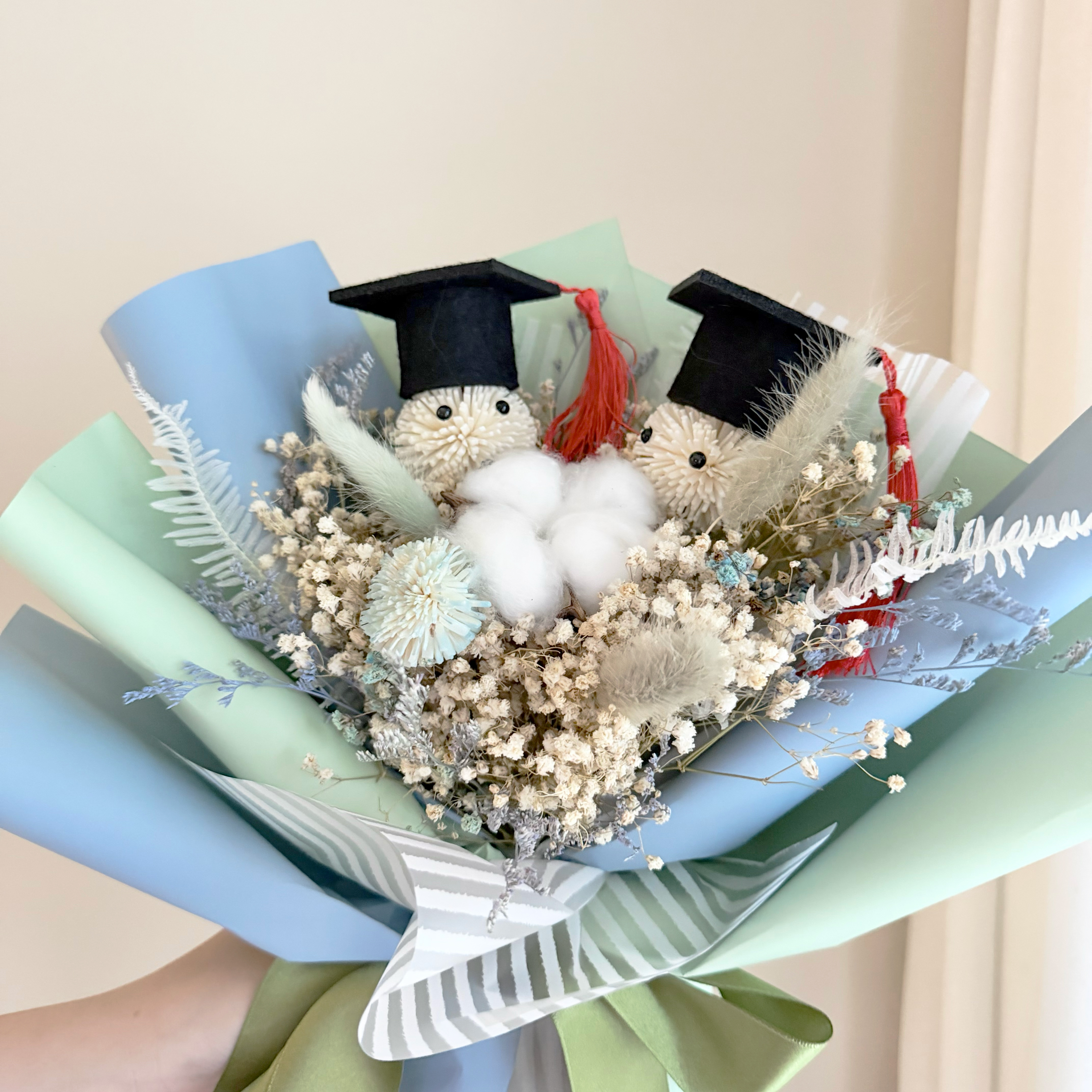 【雙色包裝&畢業小精靈&喜歡你】乾燥花束(藍色系/中型)｜畢業花束、索拉向日葵