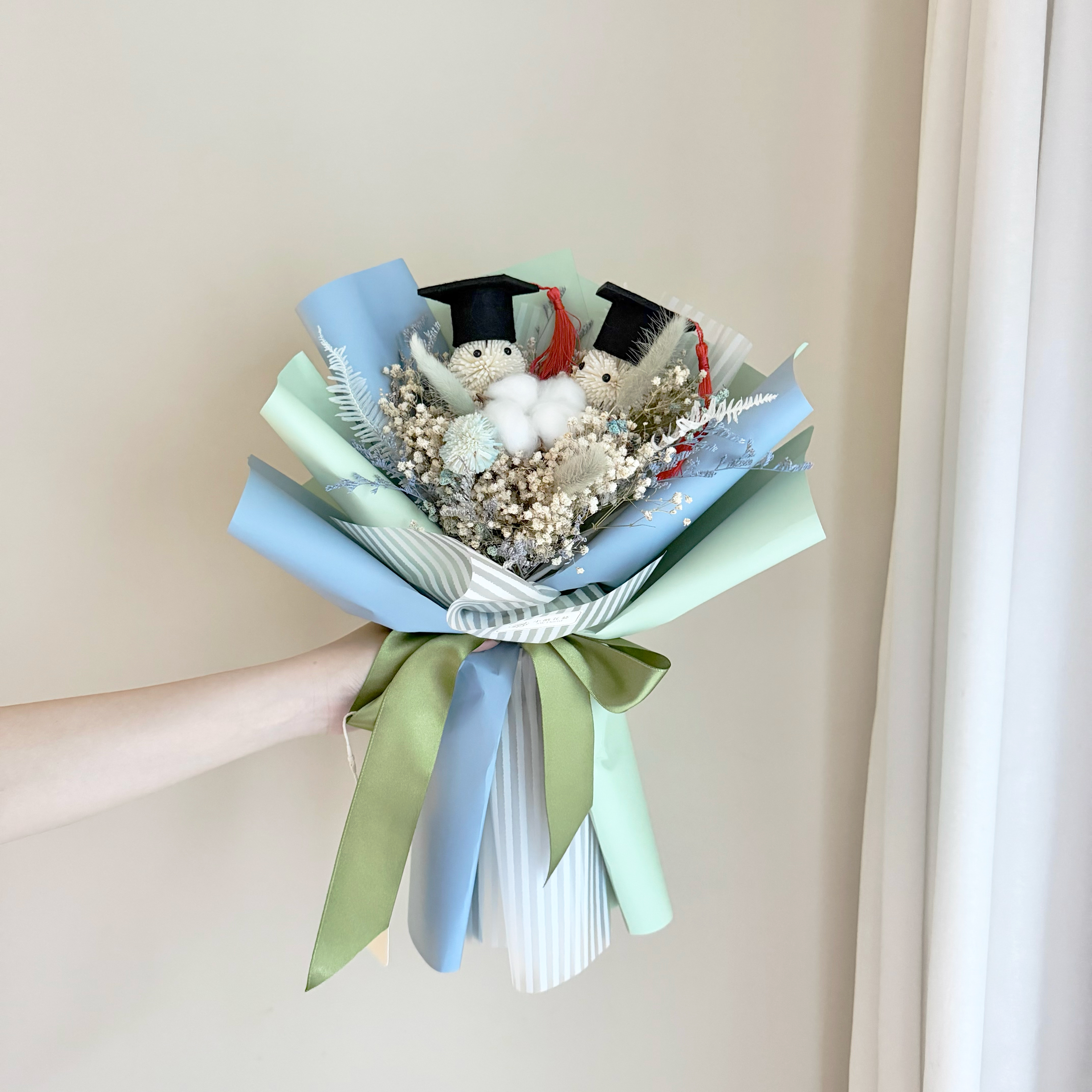 【雙色包裝&畢業小精靈&喜歡你】乾燥花束(藍色系/中型)｜畢業花束、索拉向日葵