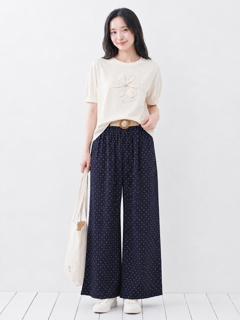 珍珠刺繡圓領上衣棉麻感點點九分寬褲組合