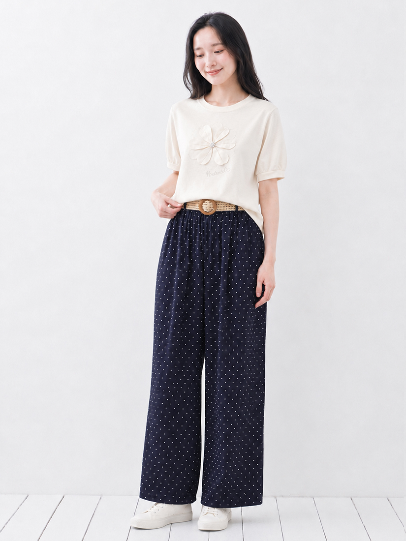 珍珠刺繡圓領上衣棉麻感點點九分寬褲組合