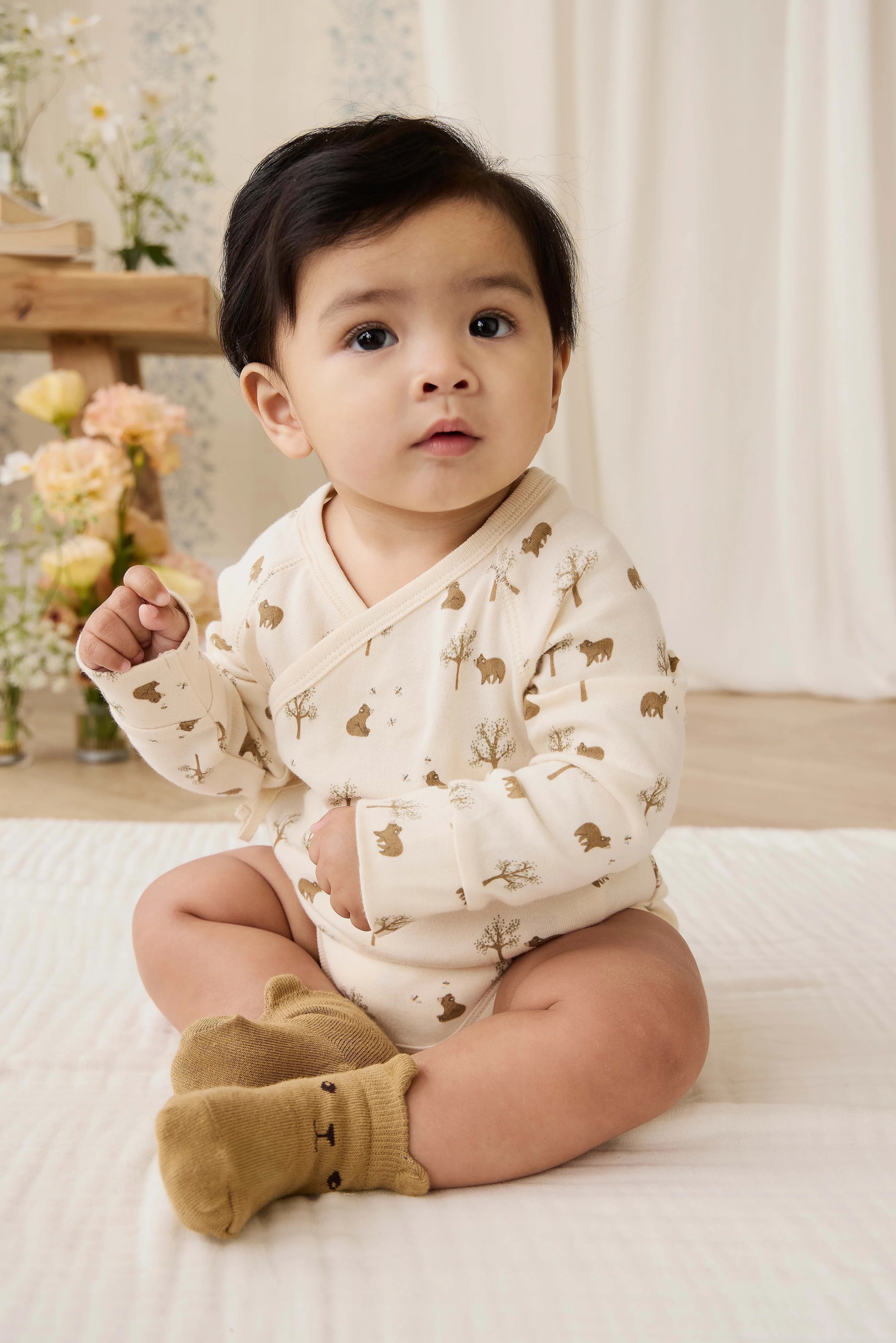 【預購】JAMIE KAY -Organic Cotton Ames Wrap Long Sleeve Bodysuit（Honey Bear Cloud）
