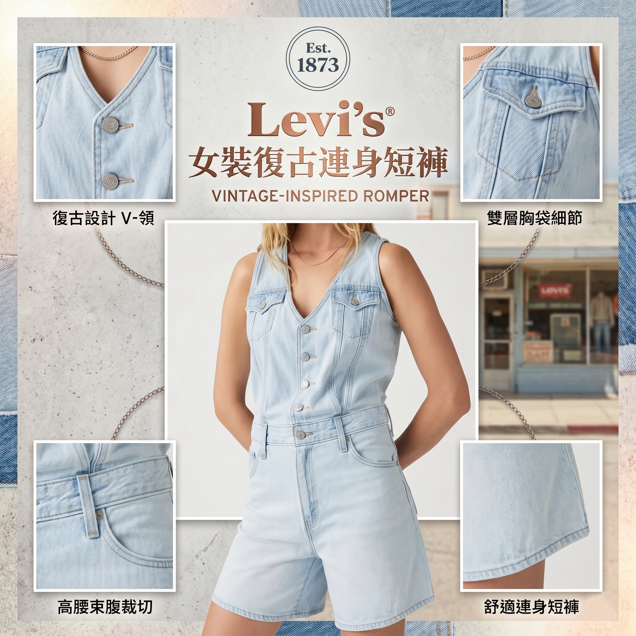 【預購】Levi's H052213 女裝復古連身短褲 (淺藍色)