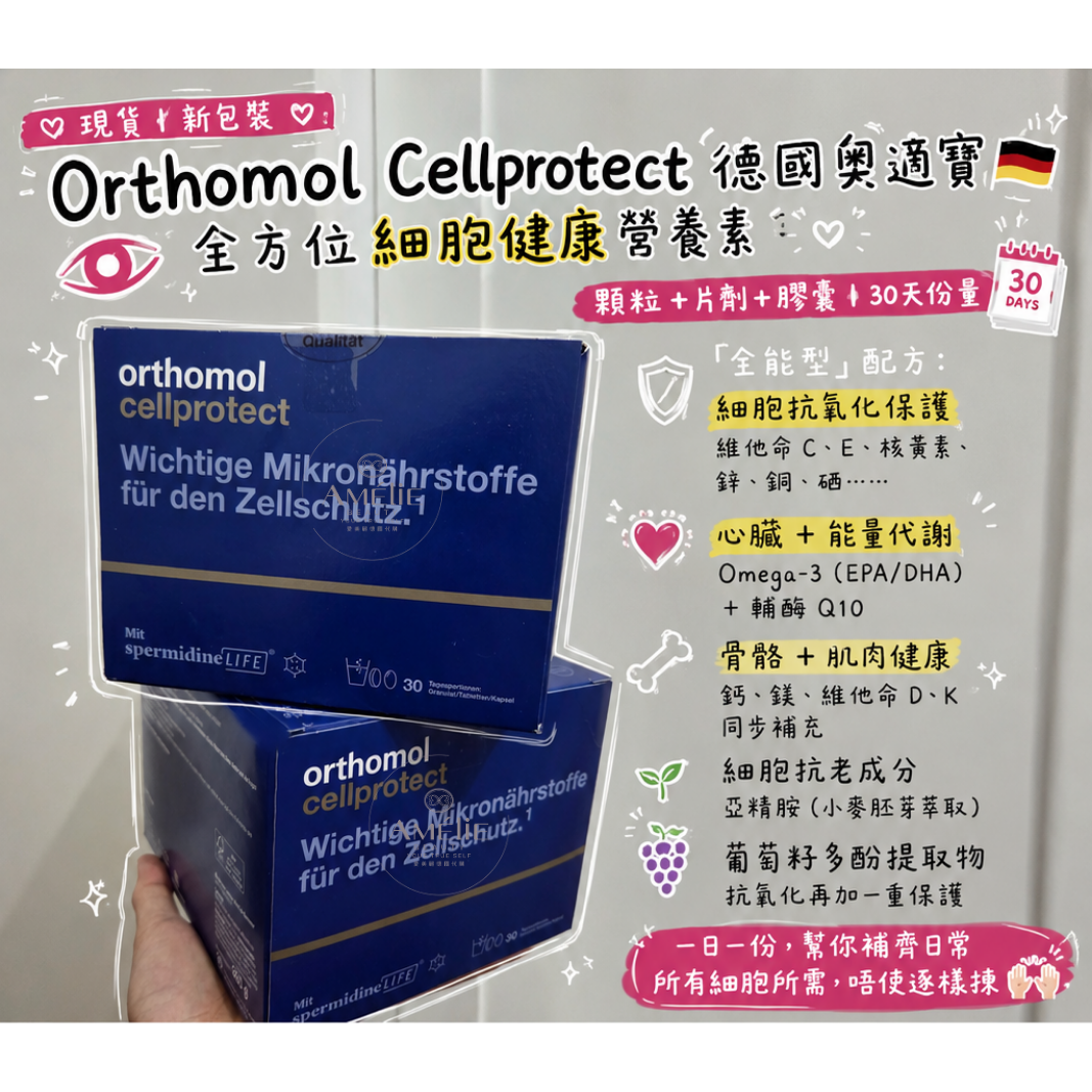 Orthomol Cellprotect德國奧適寶細胞健康營養素，深藍色包裝盒內含顆粒、片劑與膠囊之30天份量，配方含亞精胺、Q10及維他命，具備細胞抗氧化保護與心臟能量代謝功效。