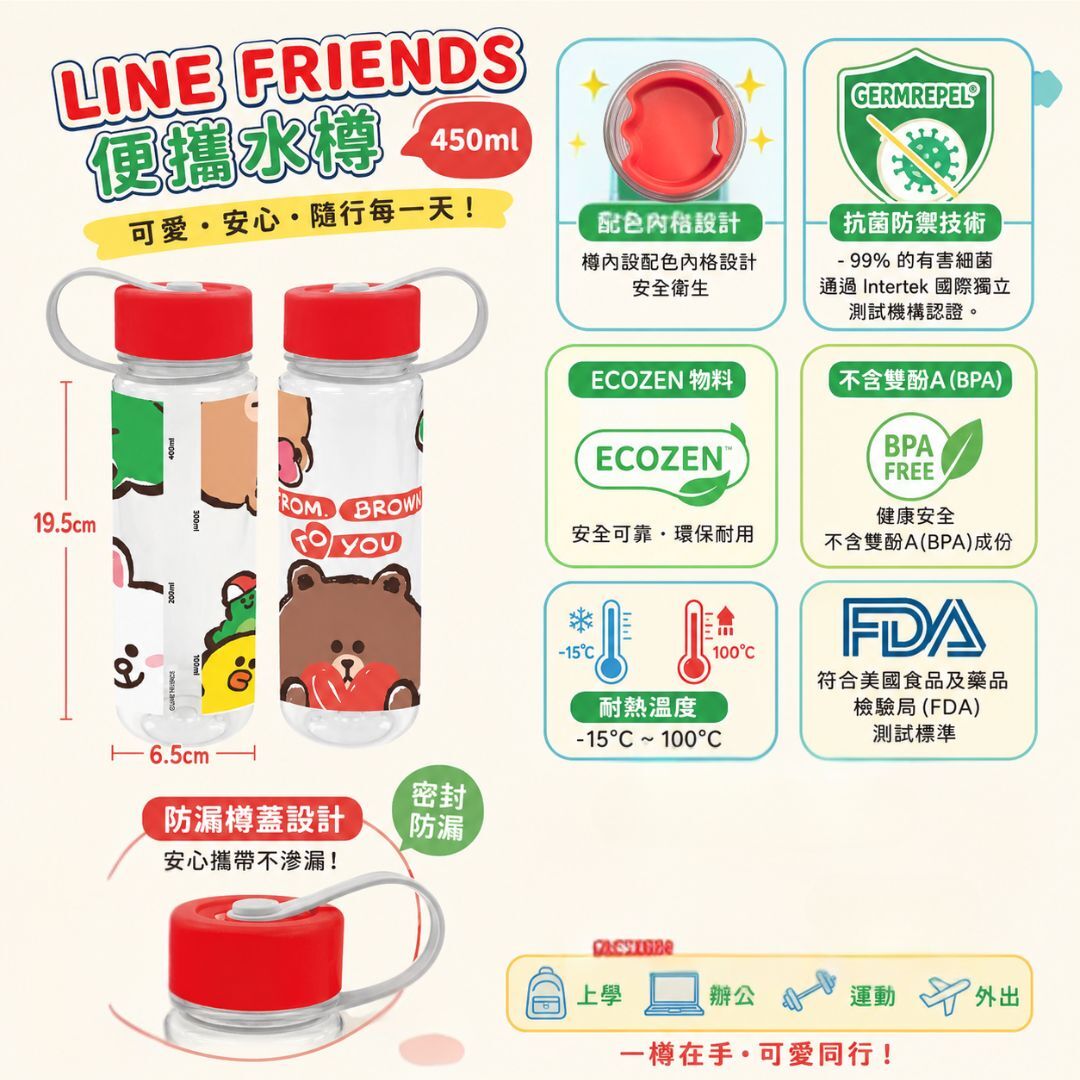 LINE FRIENDS - 便攜式運動水樽-抗菌 (450ml)
