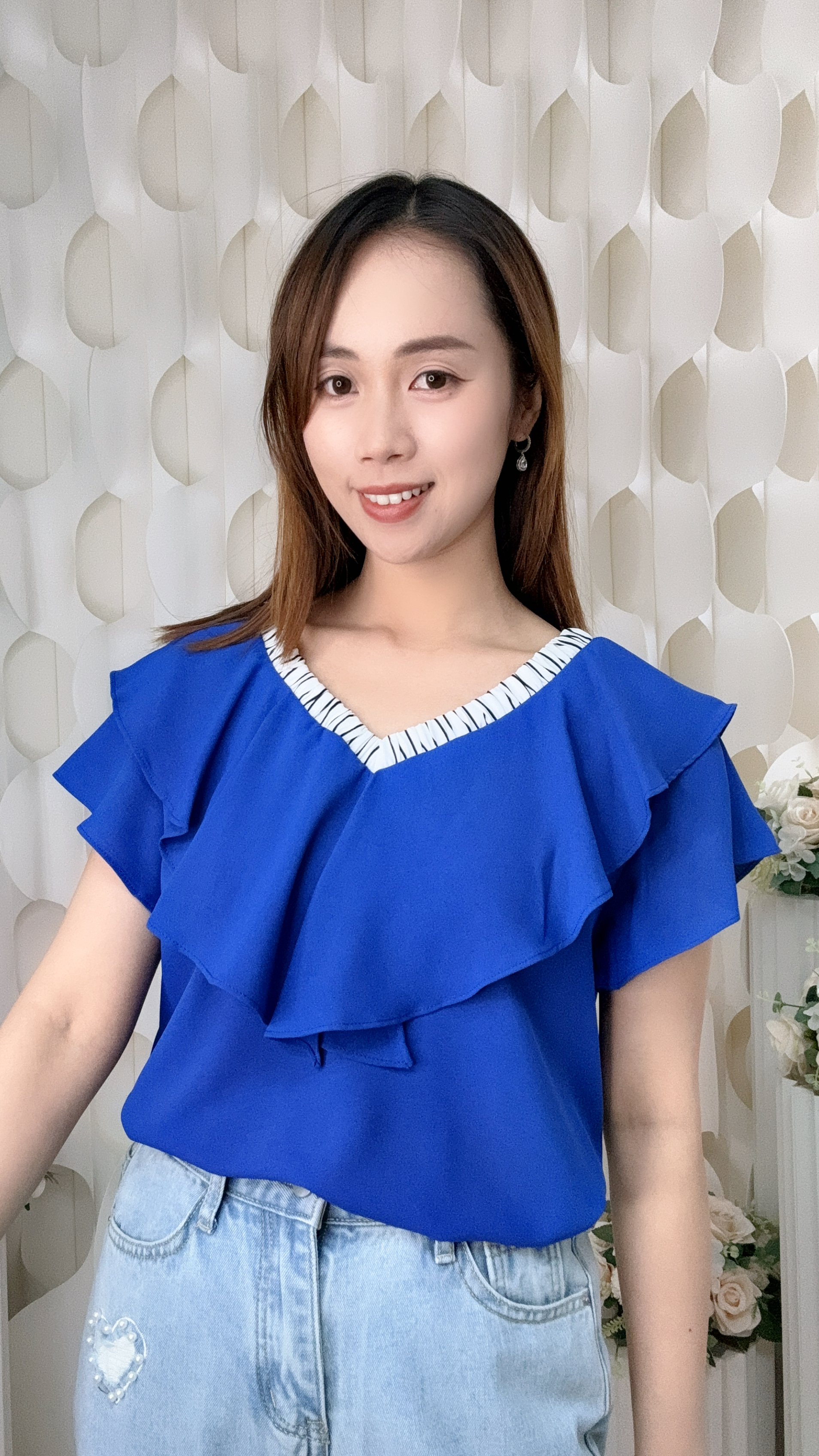 竪條紋V領雪紡上衣(胸38 腰40 長23吋) 56789 #2205clo
