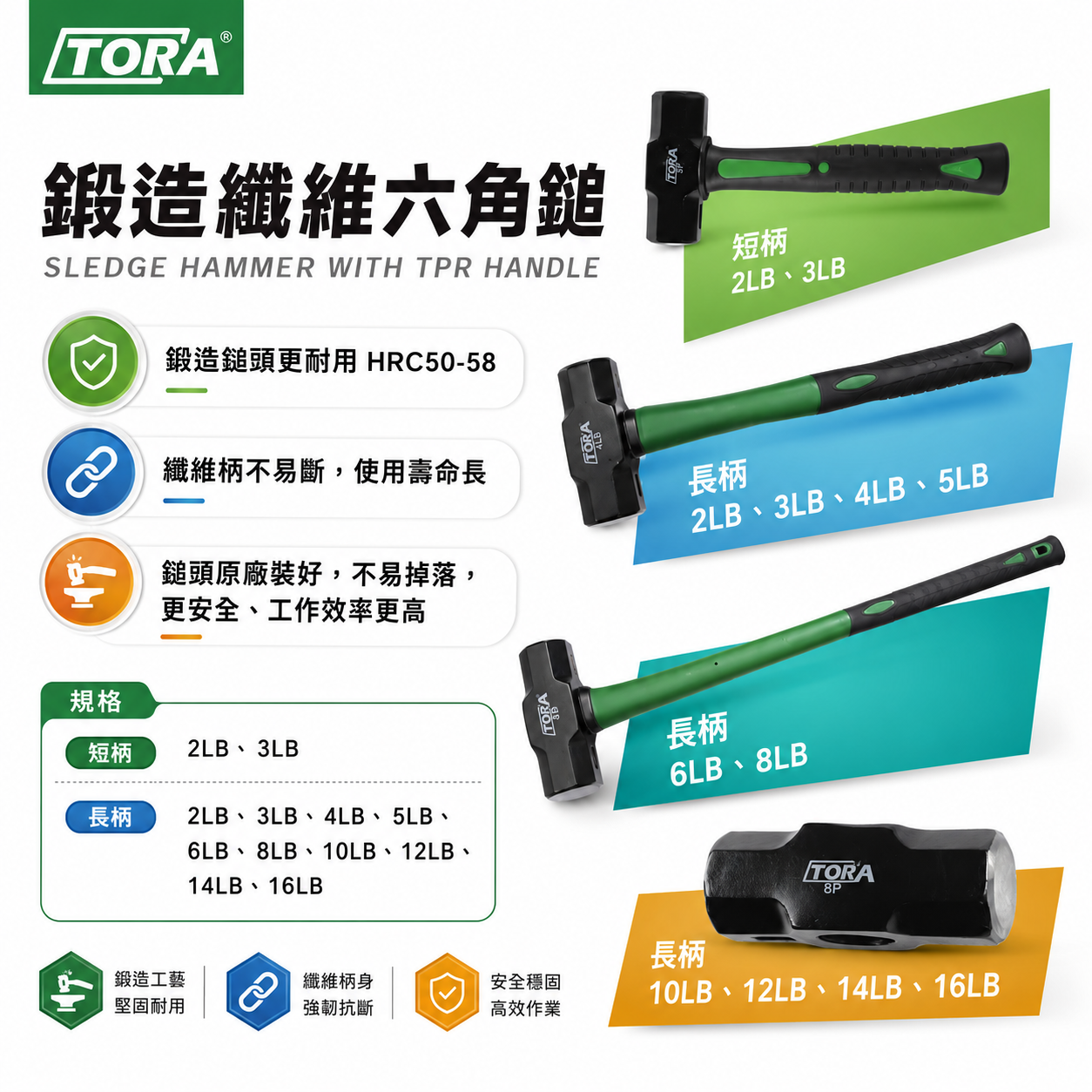 TORA｜鍛造纖維六角鎚｜大鎚 六角槌 纖維柄 鐵鎚 榔頭 TPR防滑握把 工地工程用 2LB 3LB 4LB 5LB 6LB 8LB 10LB 12LB 14LB 16LB