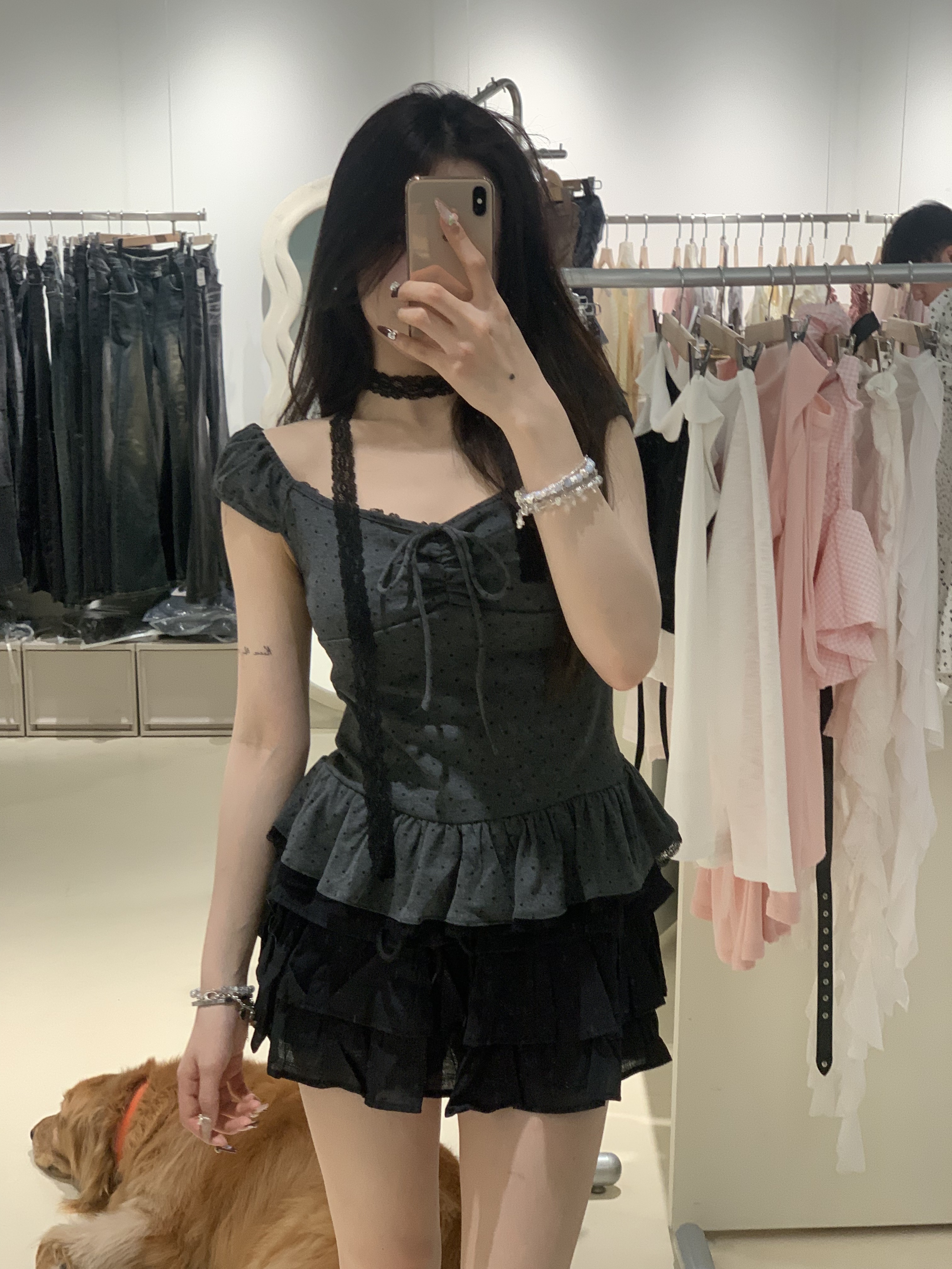 蕾絲波點小裙擺吊帶