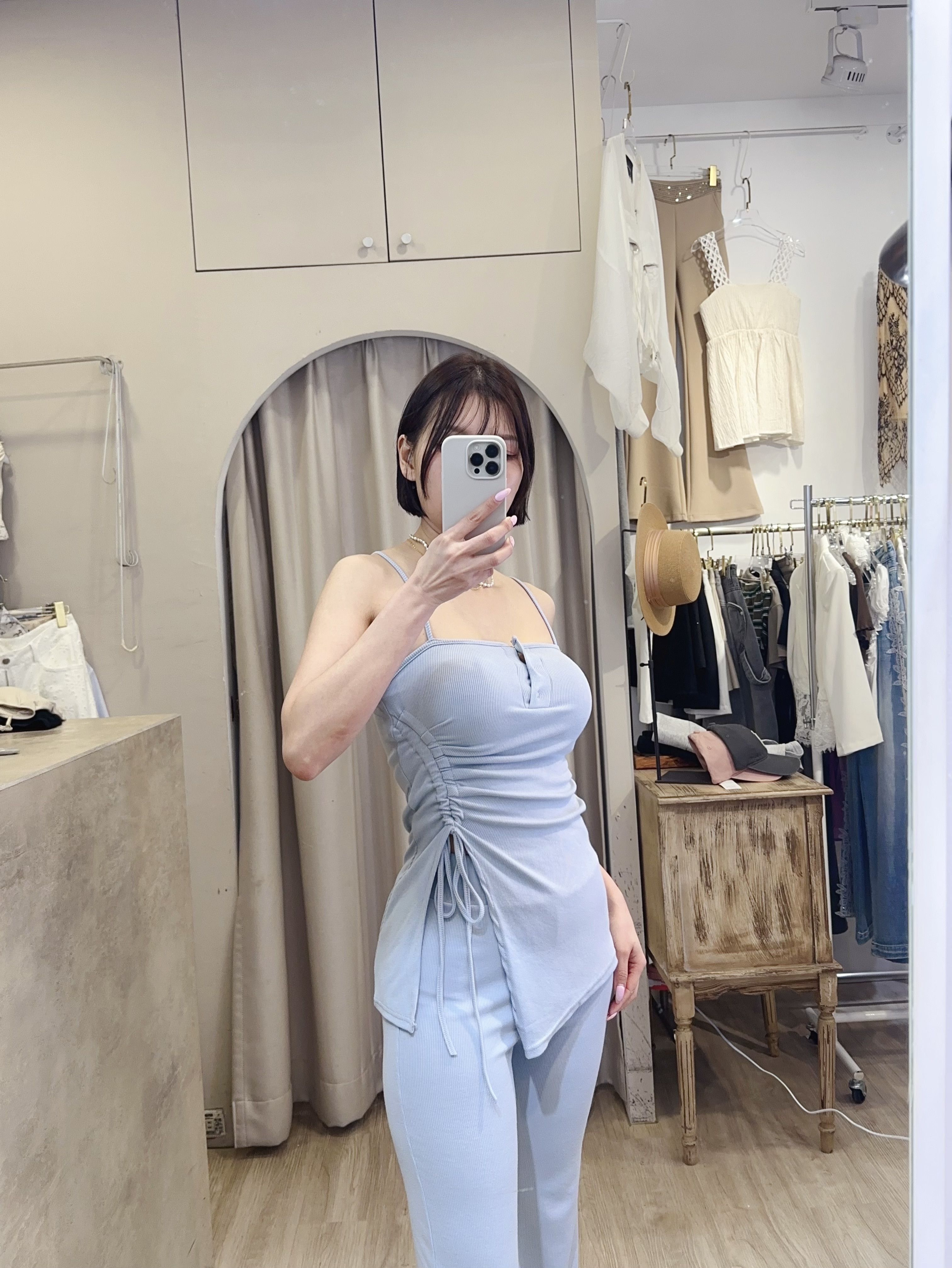 細肩抓皺背心喇叭褲套裝