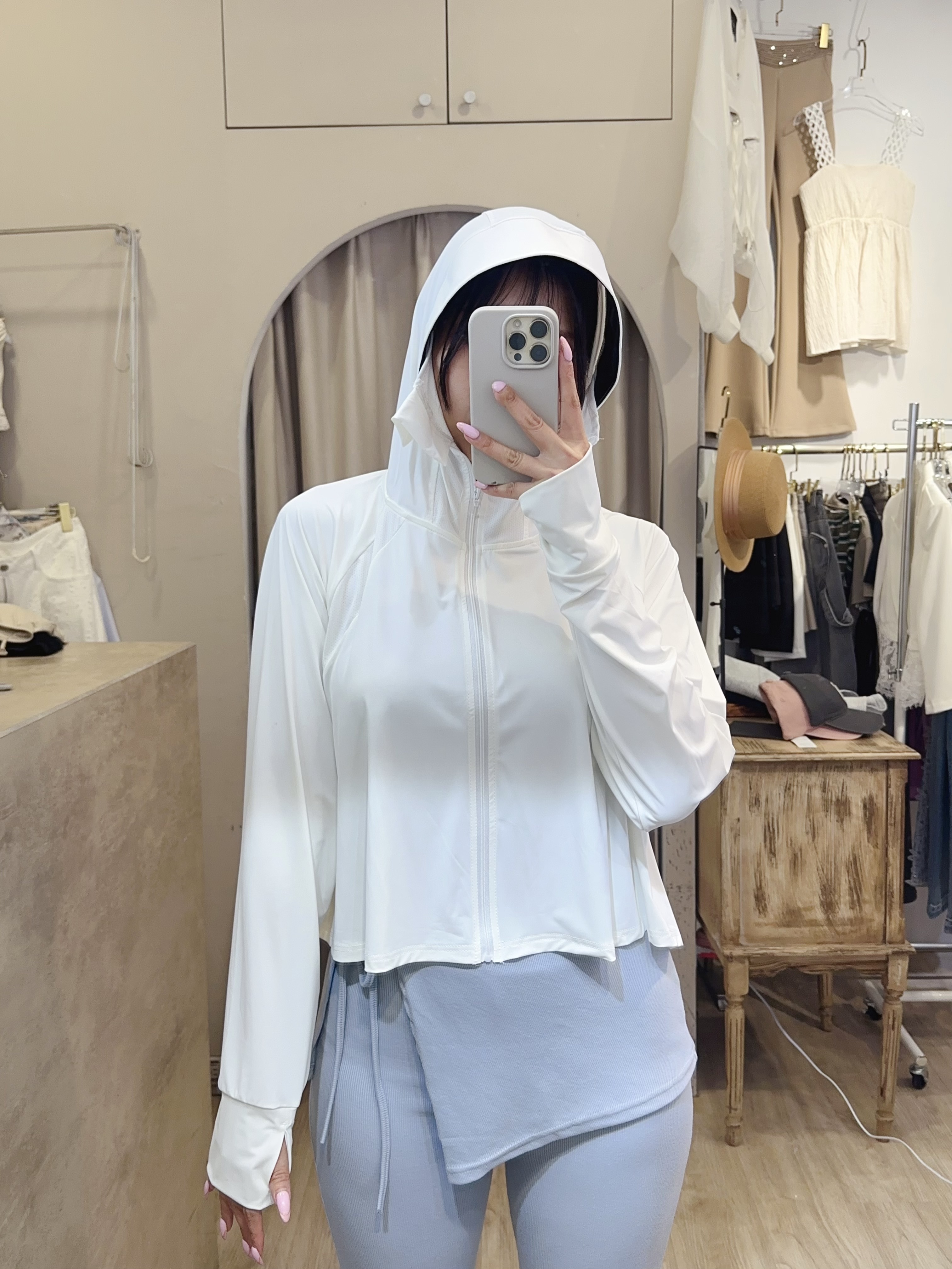 冰絲斗篷連帽防曬外套 白粉淺灰