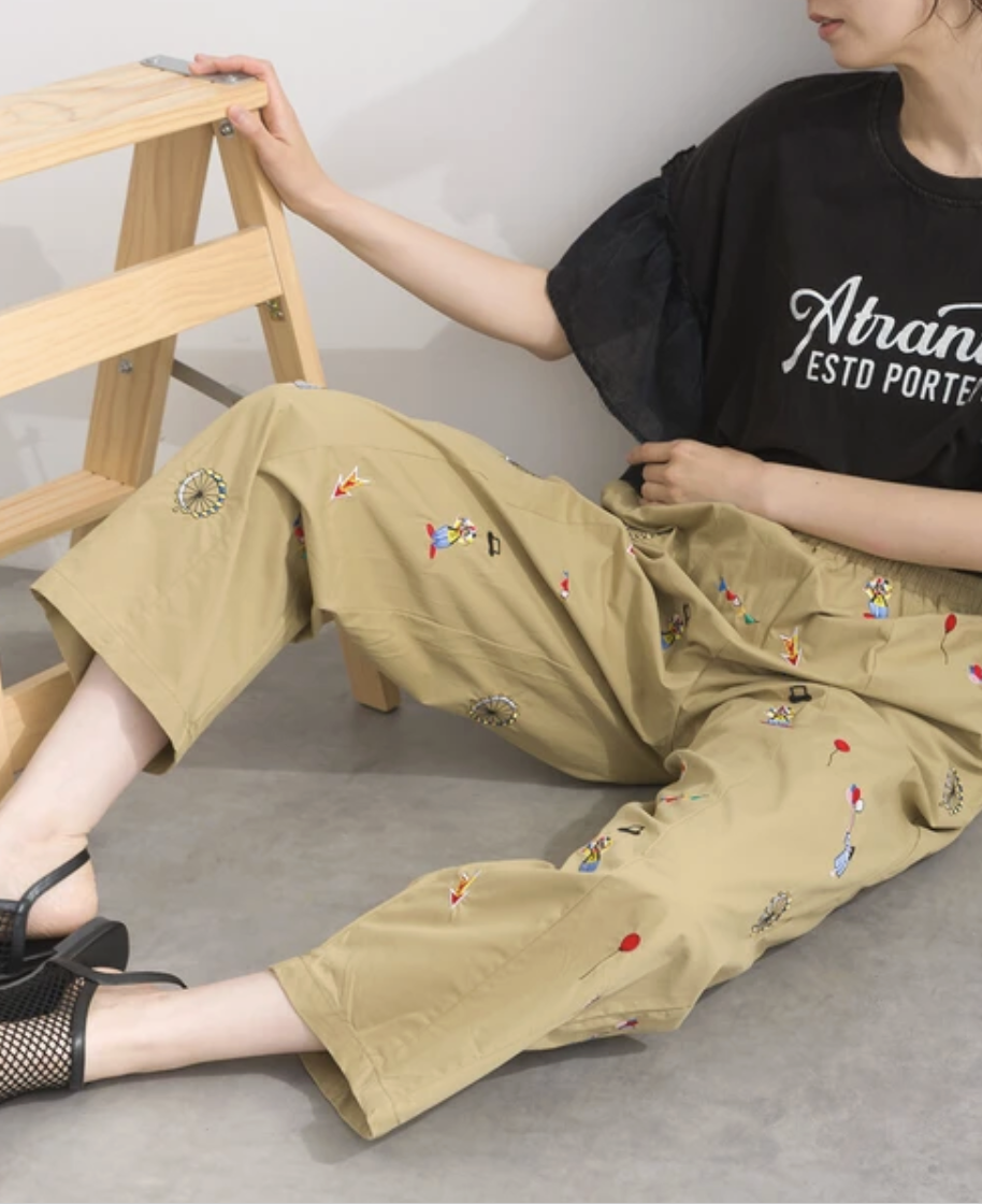 ｛預訂款｝馬戲團風刺繡打褶寬鬆長褲（3色入）【日本直送】