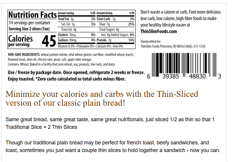 ThinSlim Foods 零淨碳水麵包 - 薄切原味麵包 396g