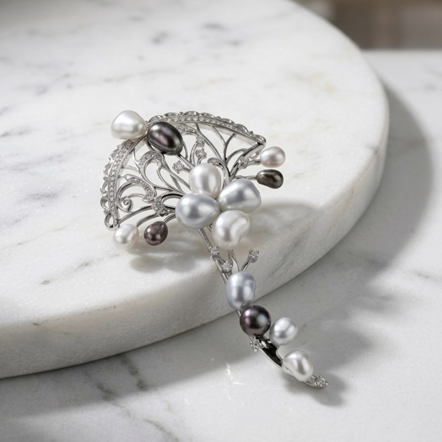 18K Gold Keshi Tahiti and South Sea White Keshi Pearl Diamonds Brooch/Pendant