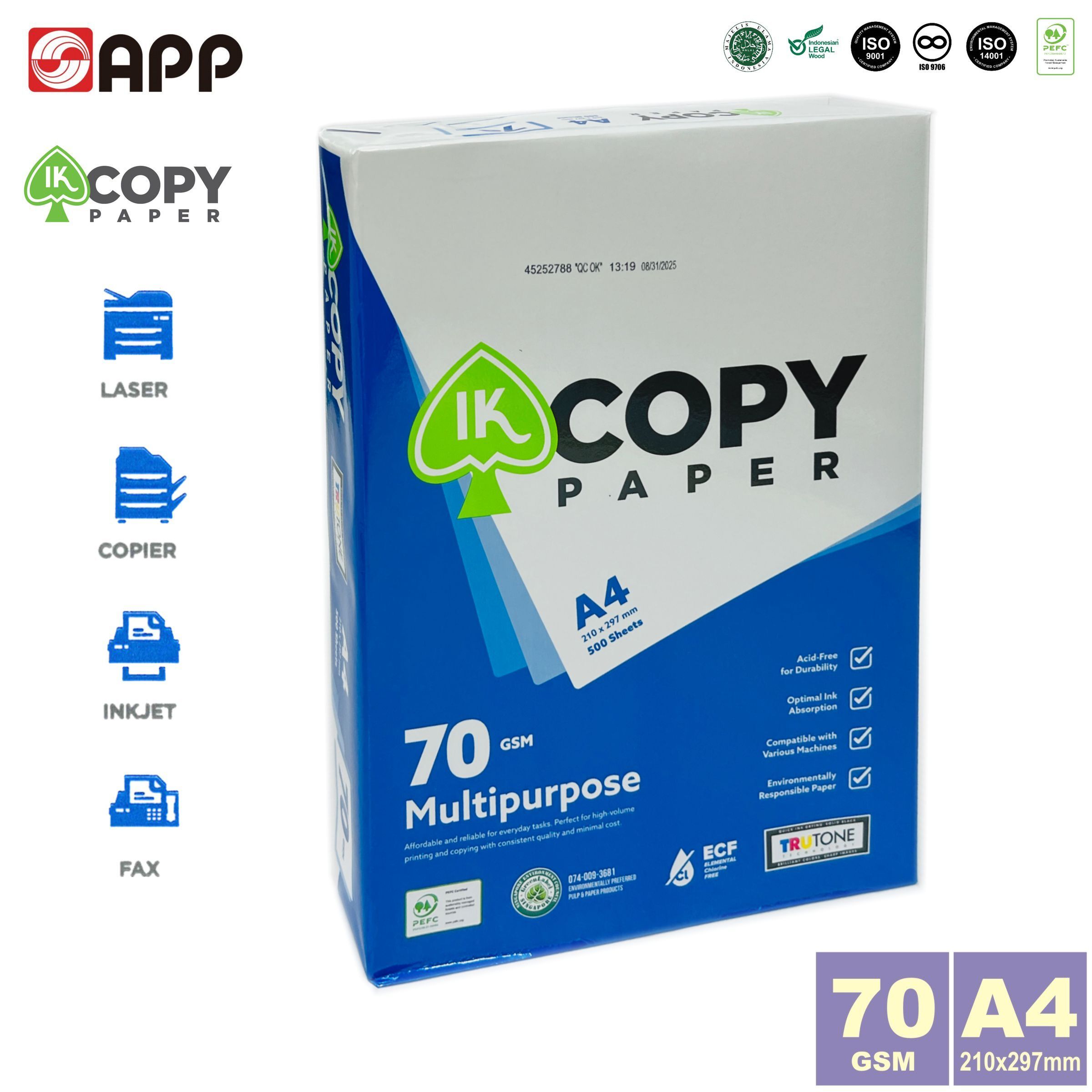 70克 A4 "IK COPY" 白影印紙  (500張) a4紙《新包裝》