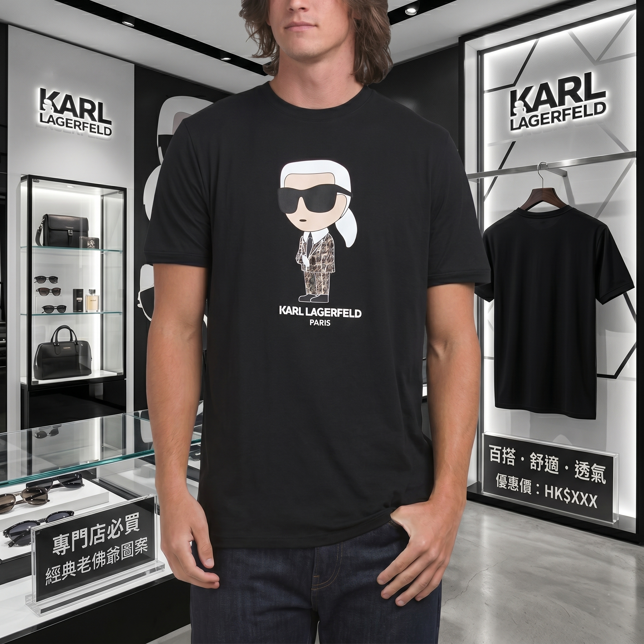 【預購】Karl Lagerfeld Paris H052358 老佛爺圖案短袖上衣 (黑色)