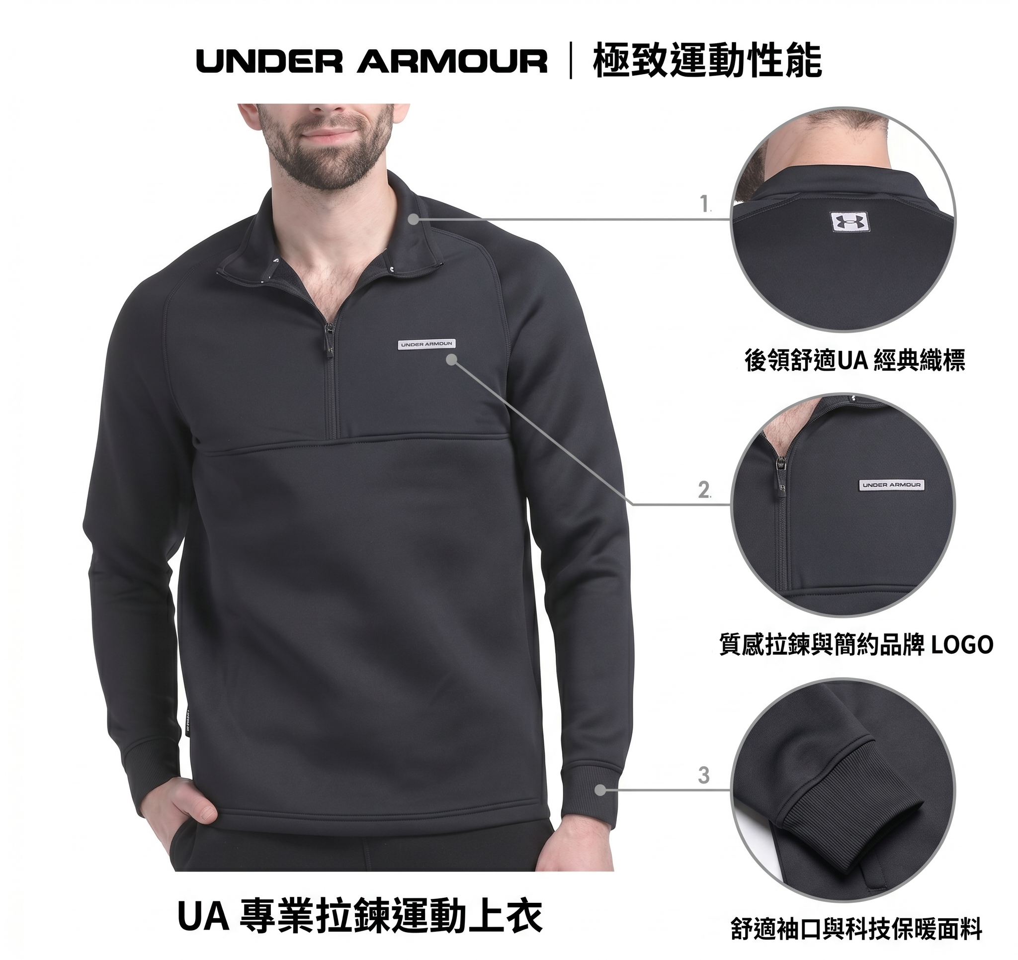 【預購】UNDER ARMOUR H052349 長袖半拉鍊衛衣 (黑色)