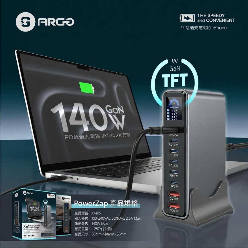 ARGO PowerZap T14 140W 超薄 GaN 充電器｜三口快充｜PD 3.1 高效輸出
