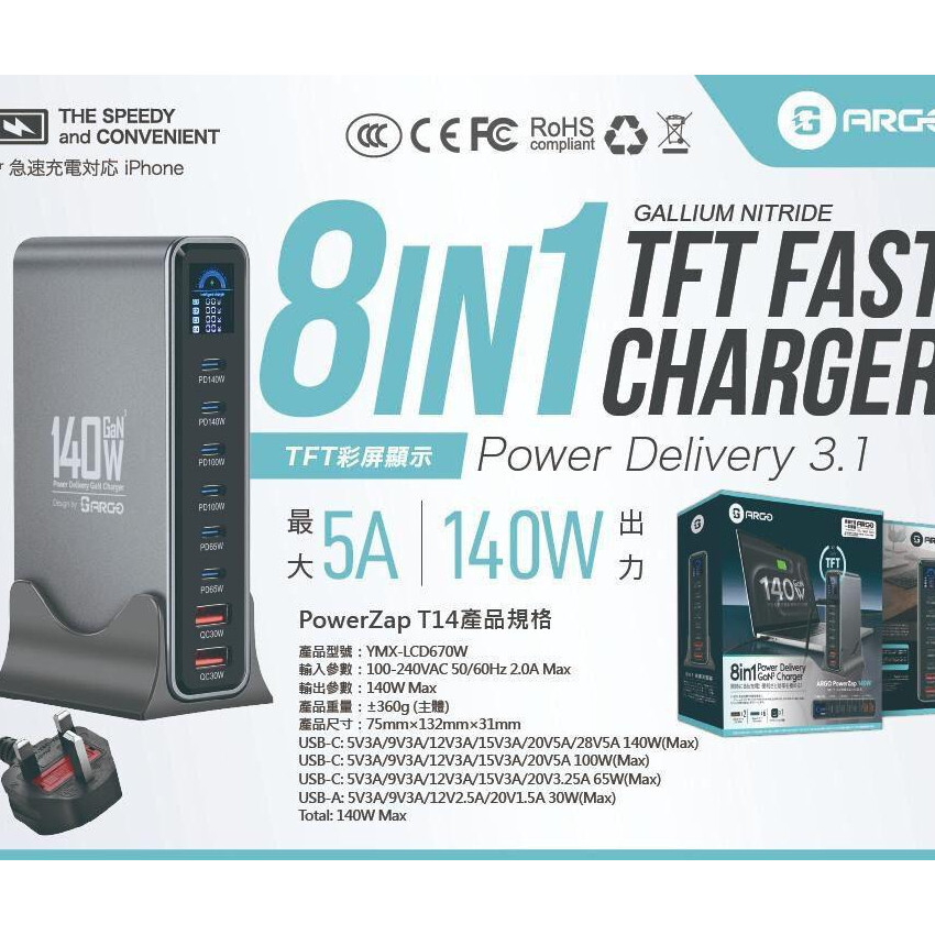 ARGO PowerZap T14 140W 超薄 GaN 充電器｜三口快充｜PD 3.1 高效輸出