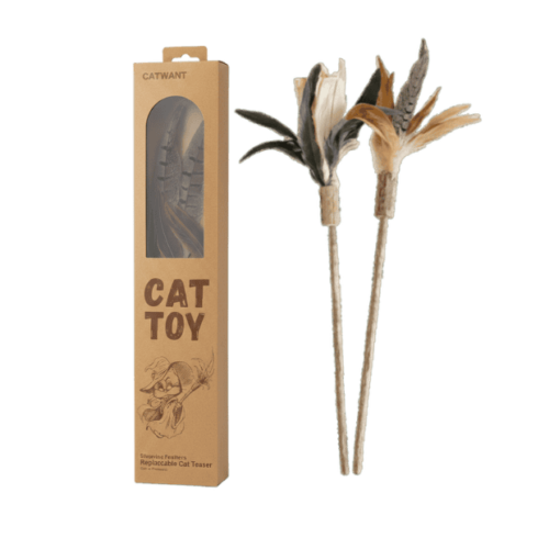 Catwant 貓玩具．木天蓼潔牙逗貓棒 山雞羽毛 + 玉米乾草