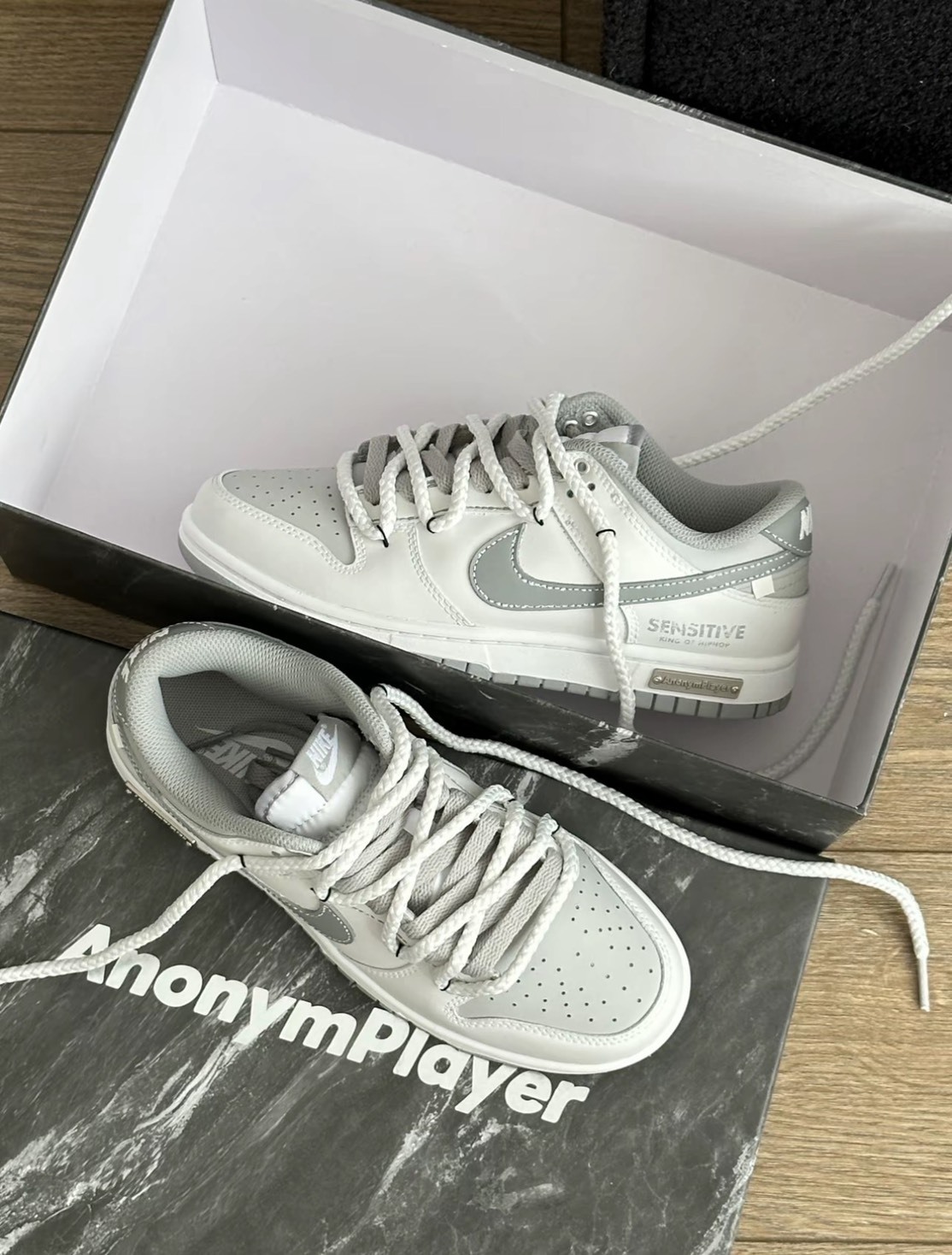【訂製鞋款】Nike Dunk Low VIBE風 復古 解構設計 灰白 雙鞋帶 訂製 休閒鞋 HF5441-105(Team1045-無冕之王）