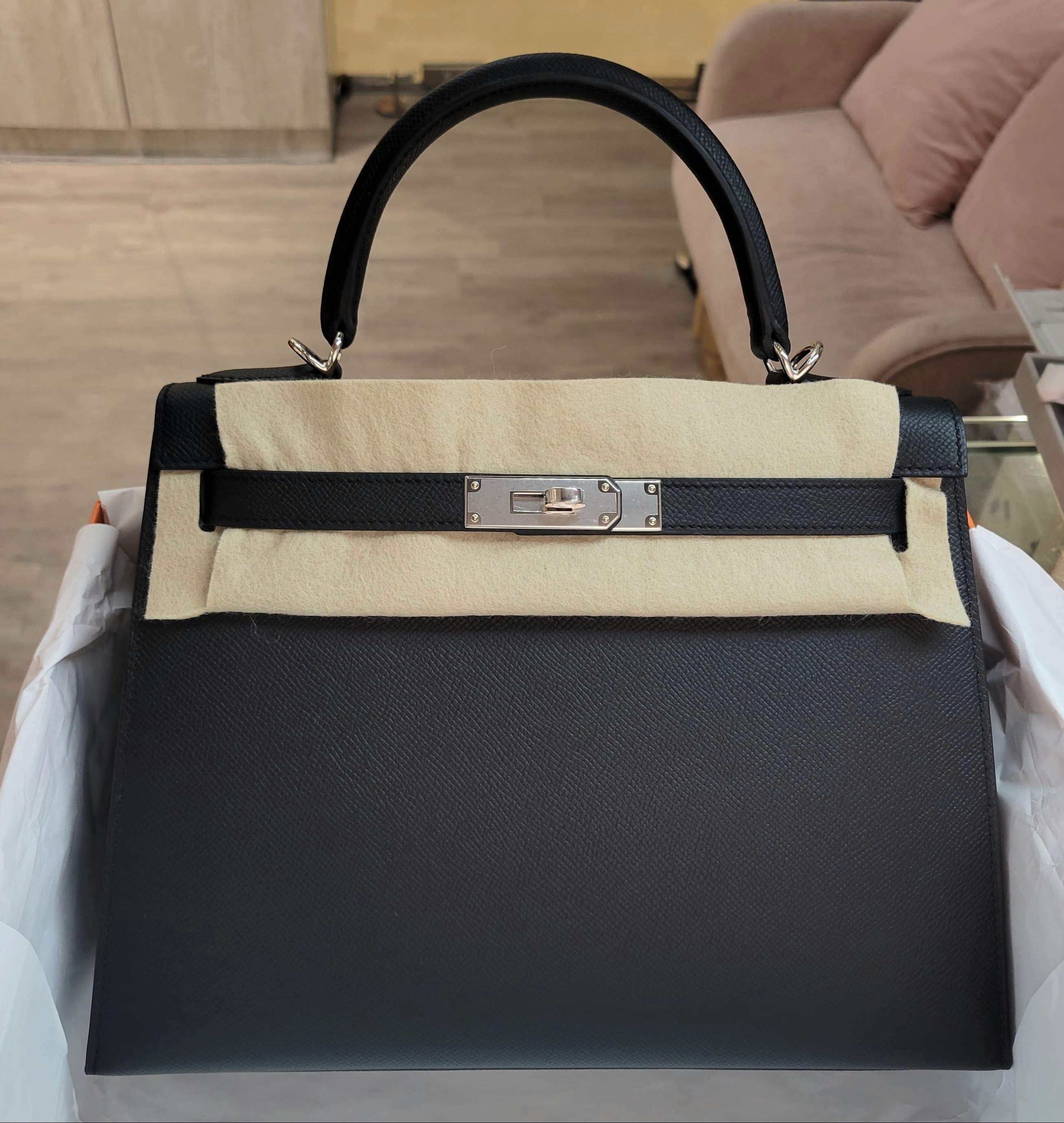 HERMES KELLY 28 NOIR CK EPSOM黑色銀扣