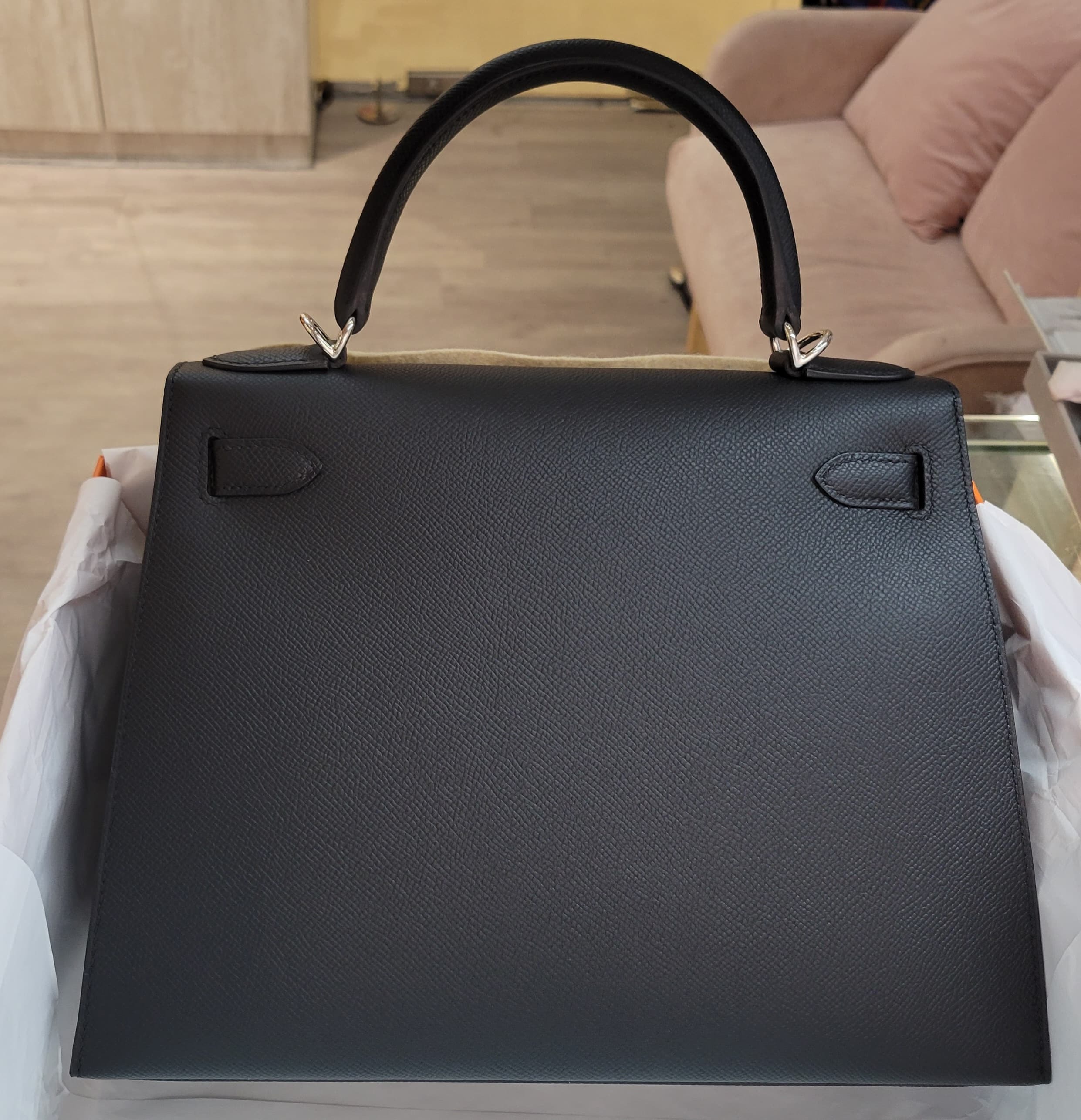 HERMES KELLY 28 NOIR CK EPSOM黑色銀扣