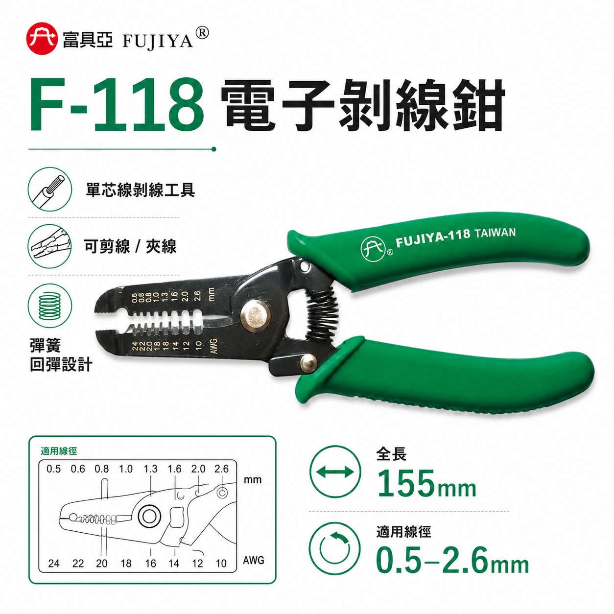 FUJIYA 富具亞｜0.8-2.6mm 電子剝線鉗 6'' 線徑對孔徑-手動剝線鉗 剪線夾線鉗｜F-118