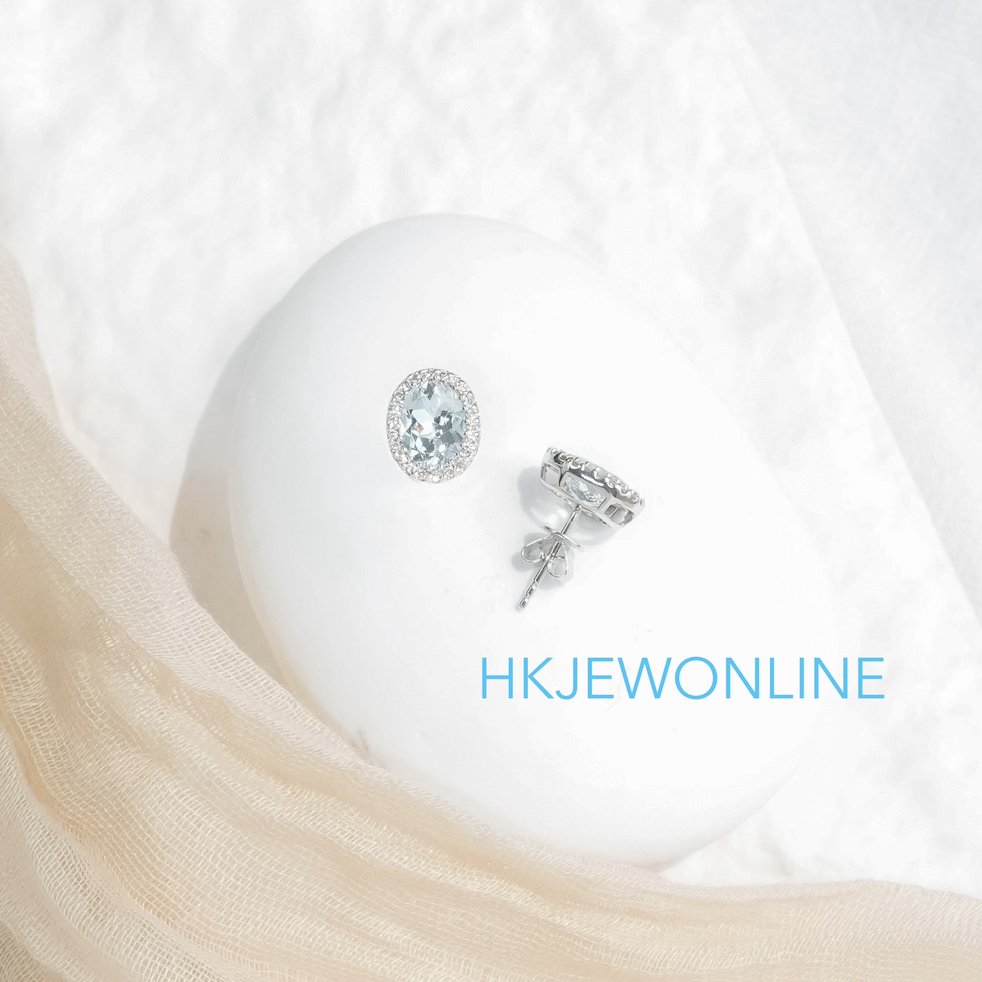 14K WHITE GOLD OVAL AQUAMARINE & DIAMOND EARRINGS