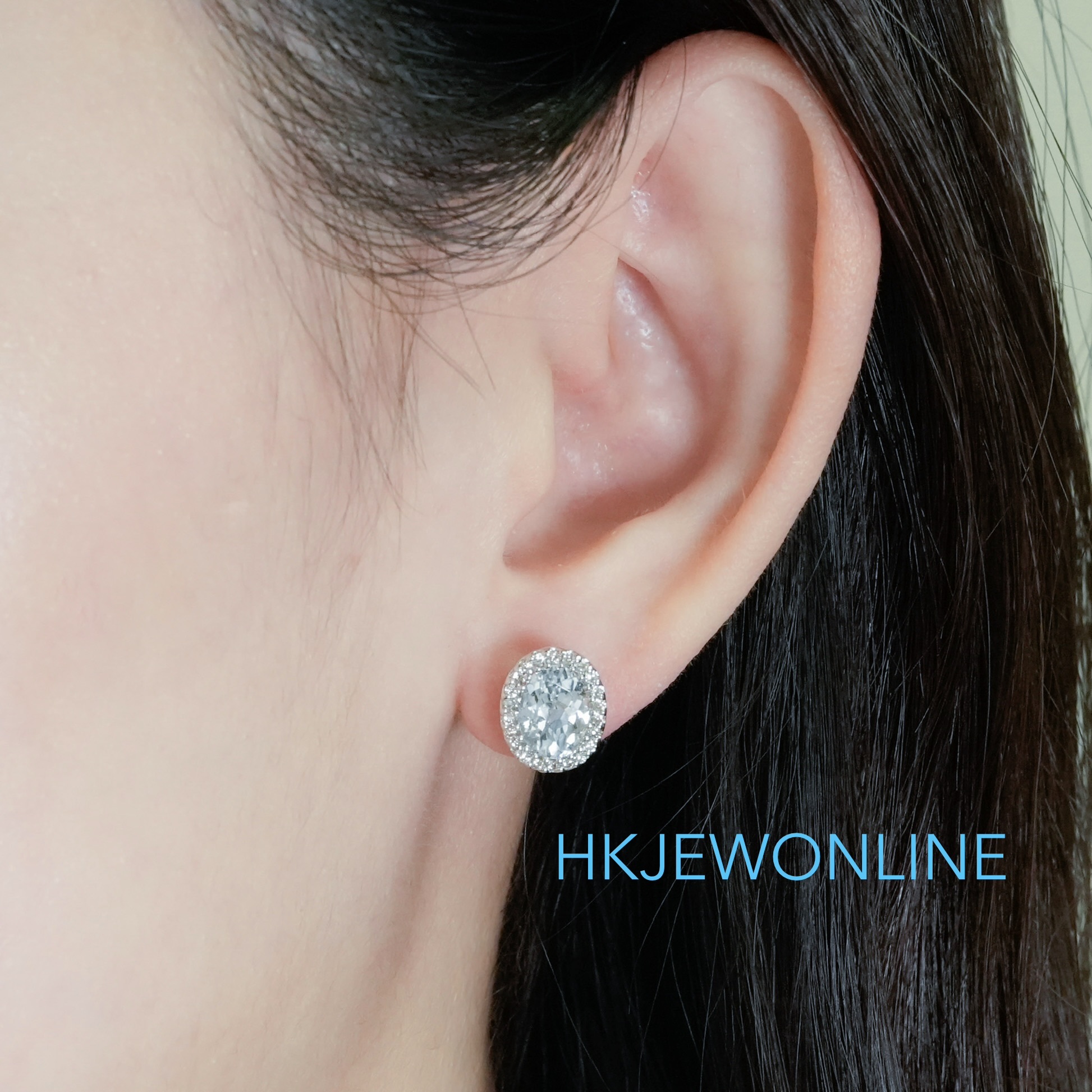 14K WHITE GOLD OVAL AQUAMARINE & DIAMOND EARRINGS