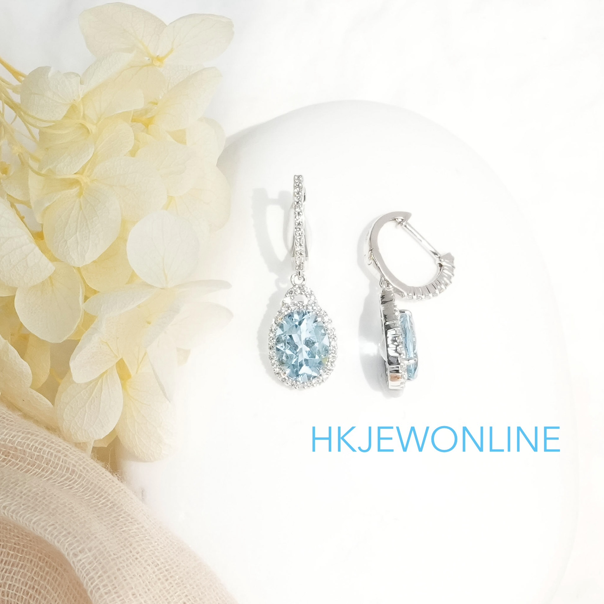 14K WHITE GOLD OVAL AQUAMARINE & DIAMOND DROP EARRINGS