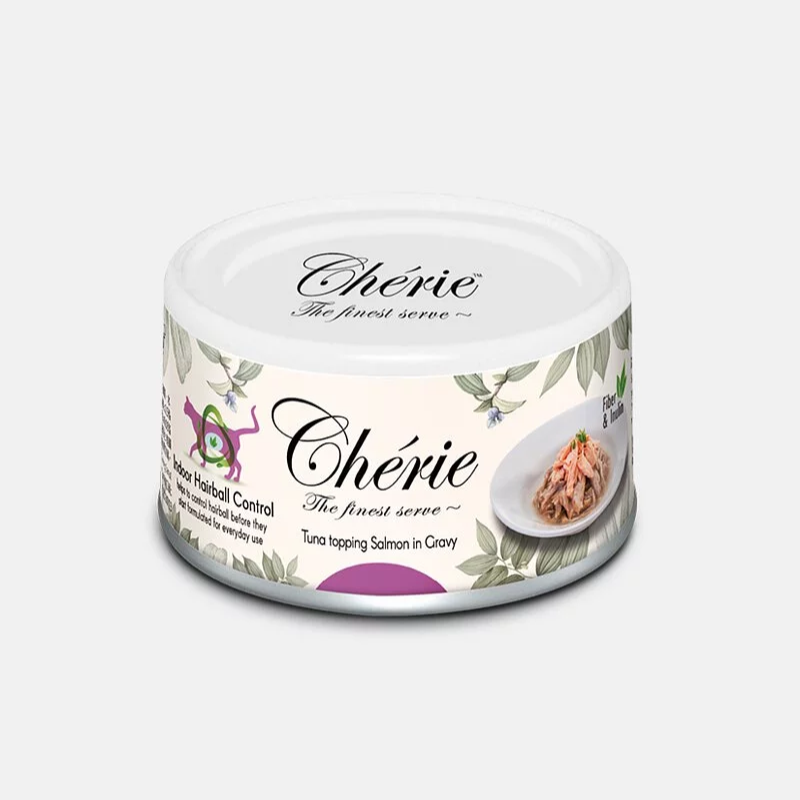 Cherie 法麗 - 高纖吐毛系列 - 吞拿魚佐三文魚 (紫) 80g (24罐優惠/$258, 72罐優惠/$698可混同價Cherie罐)