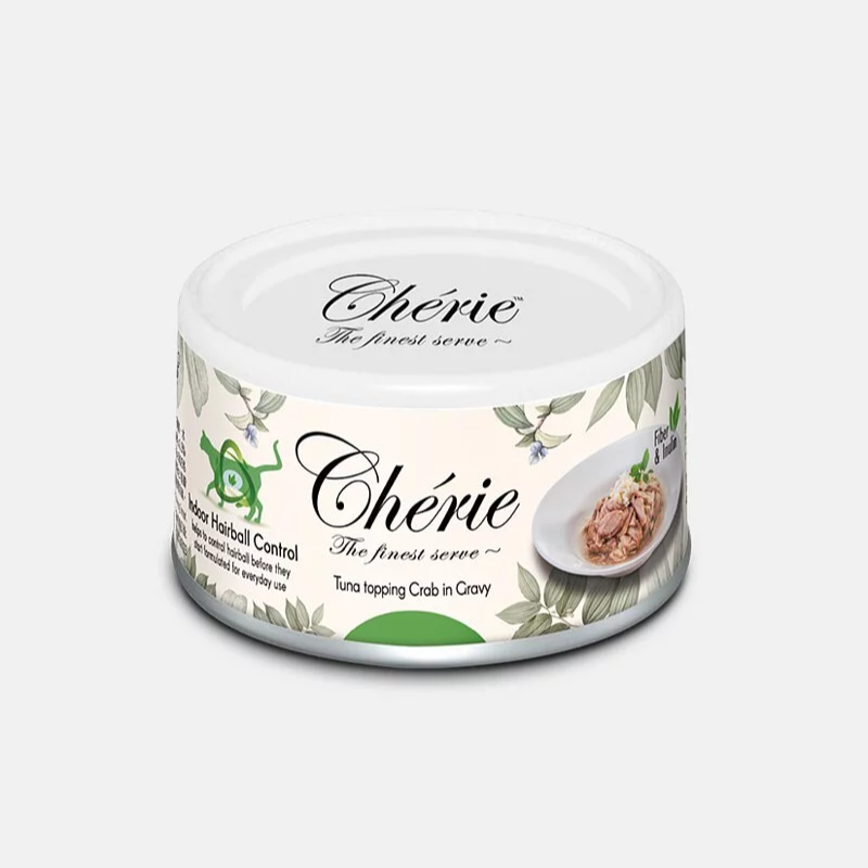 Cherie 法麗 - 高纖吐毛系列 - 吞拿魚佐蟹肉 (綠) 80g (24罐優惠/$258, 72罐優惠/$698可混同價Cherie罐)