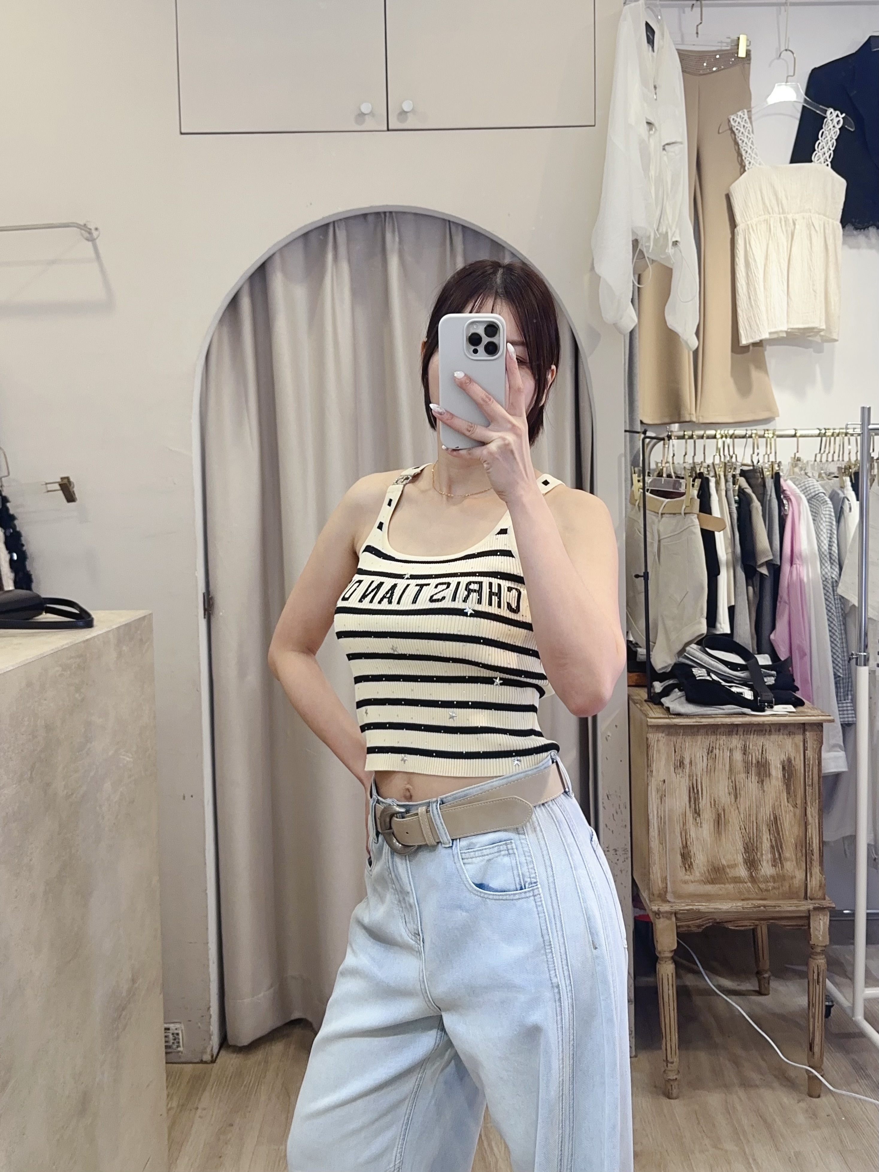 小星星條紋涼紗背心 白杏