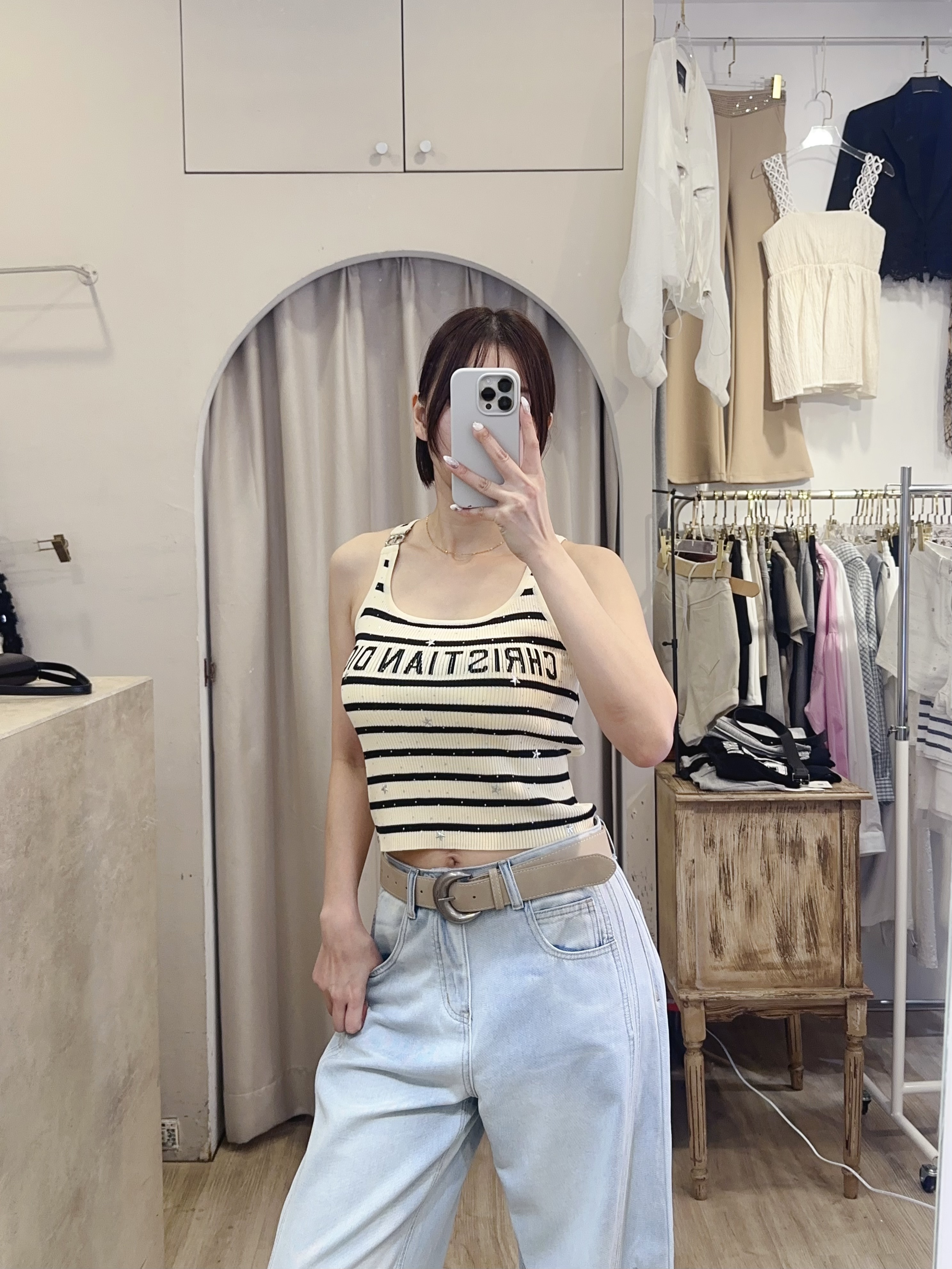 小星星條紋涼紗背心 白杏