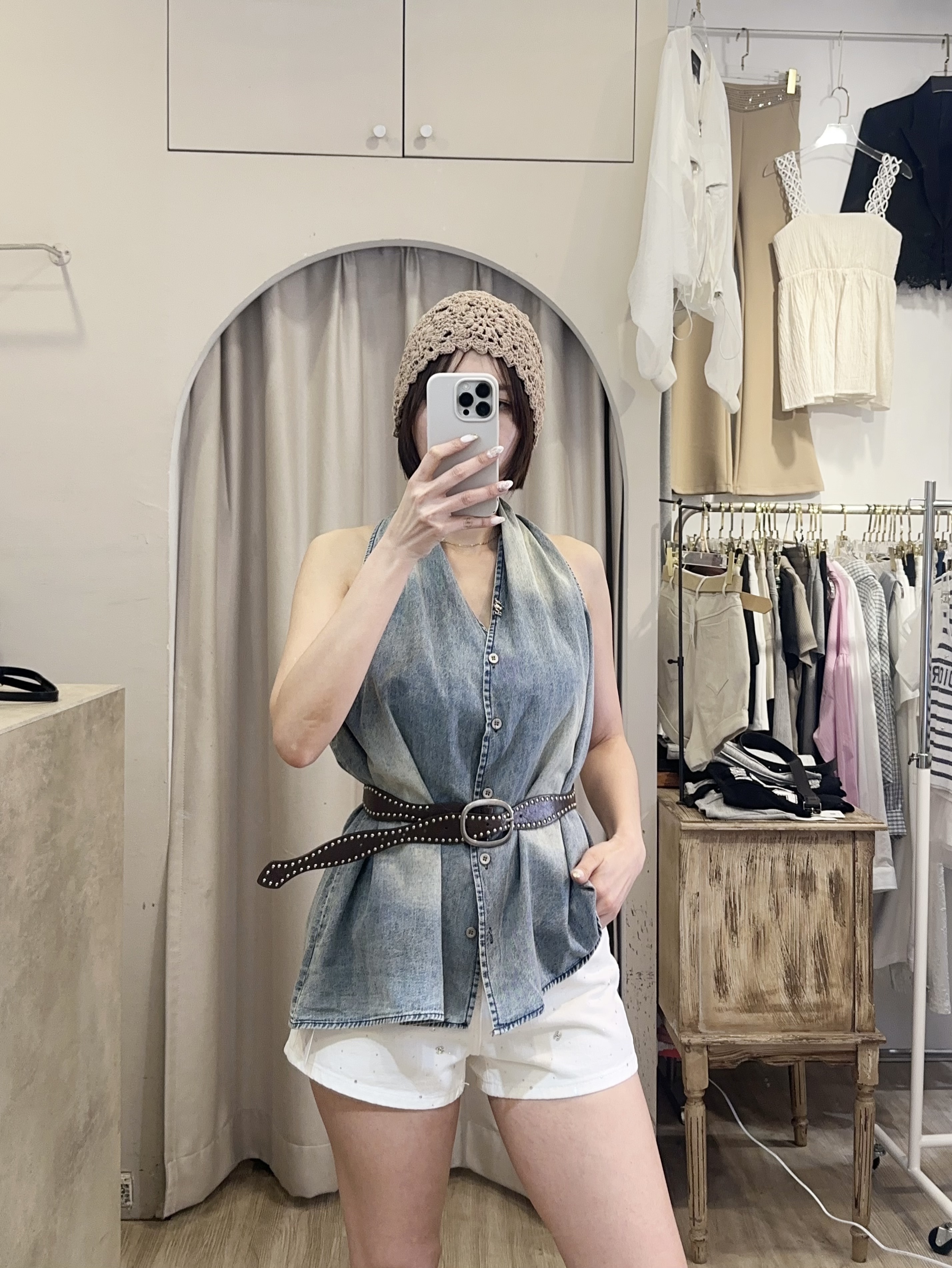 波西女孩牛仔削肩排扣背心