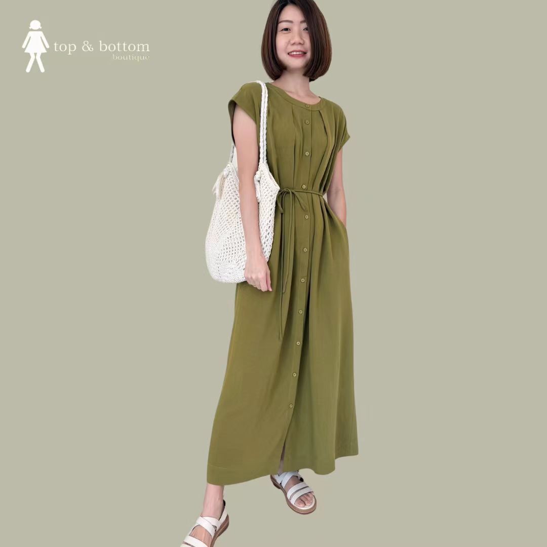V SLEEVE BUTTON SHIFT LONG DRESS
