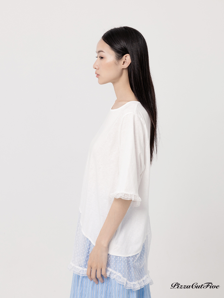 下擺透紗拼接短袖上衣 PizzaCutFive PCF262404076