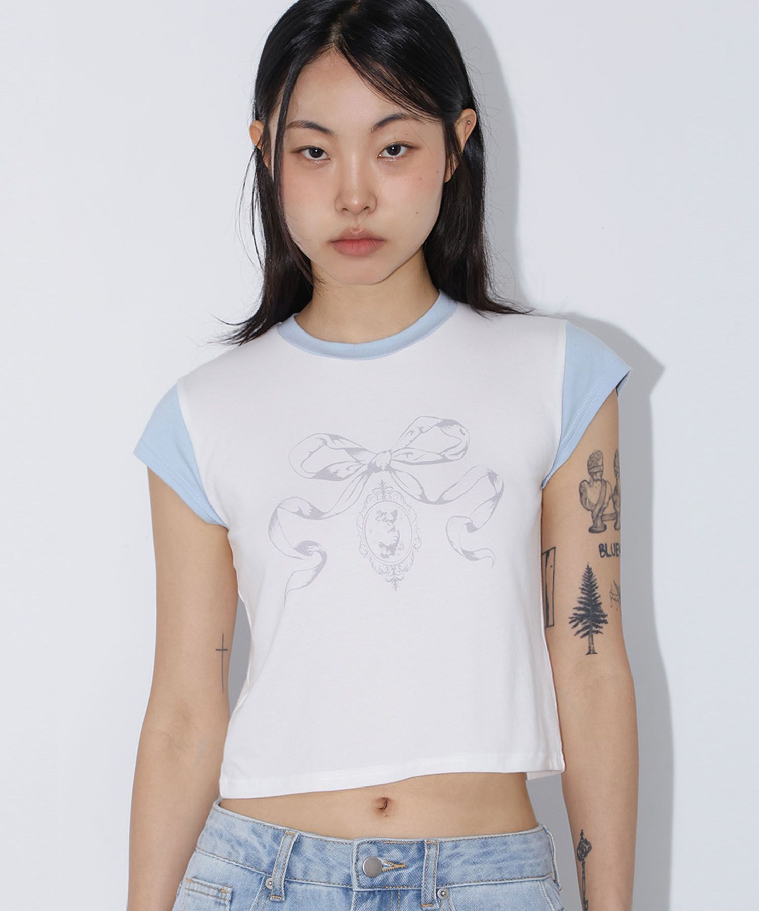 CHICKS 蝴蝶結拼色蓋袖上衣 白色 5014168534