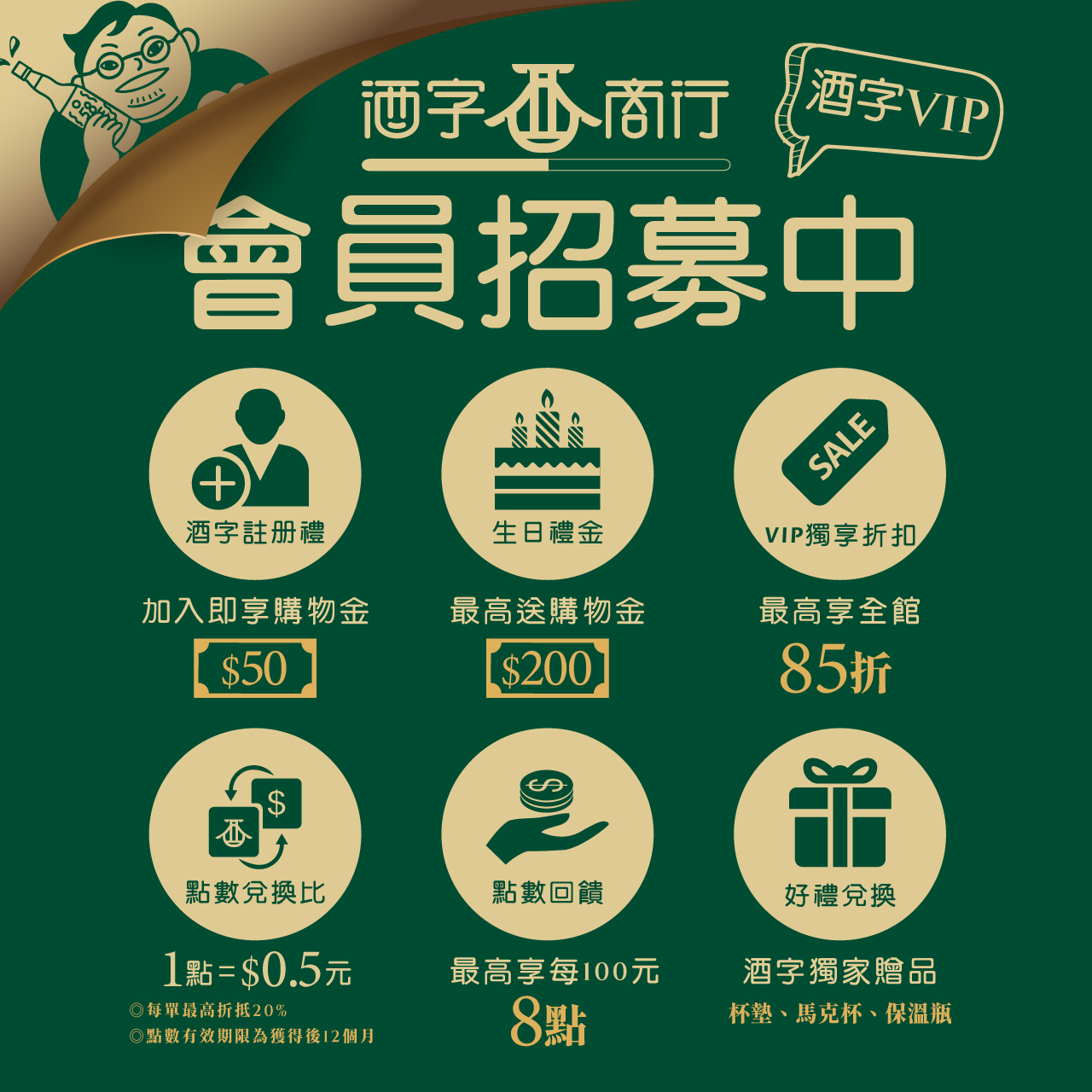 酒字咖啡商行四級會員制度與點數規則—一般 / 黃金 / 白金 / 尊爵會員權益對照表，含升級條件、續會條件、會員福利、生日禮金、點數回饋及點數兌換好禮