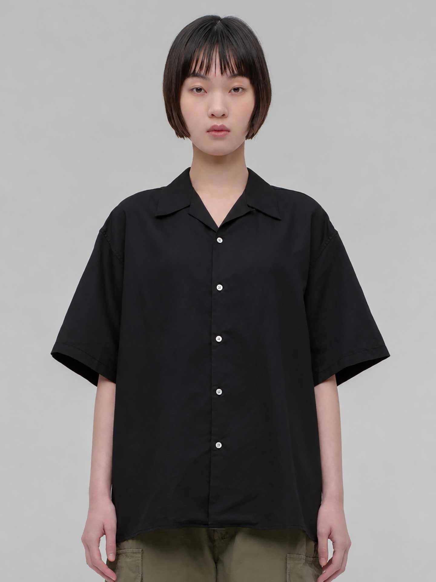 CIOTA Open Collar Short Sleeve Shirt (Cotton/Linen) Bla